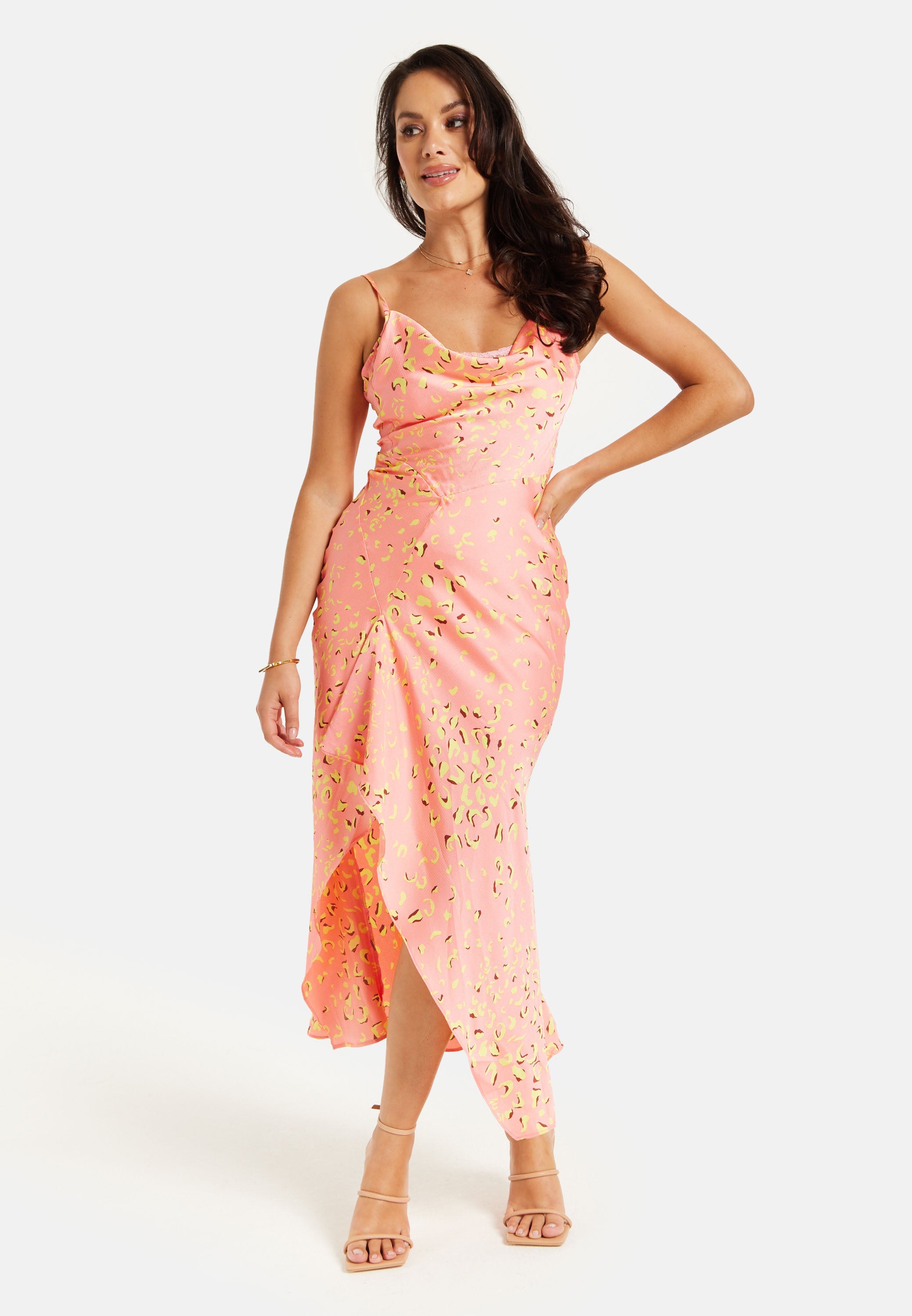 Women’s Maxi Dress in Peach with Cowl Neck, Spaghetti Straps, and Abstract Animal Print