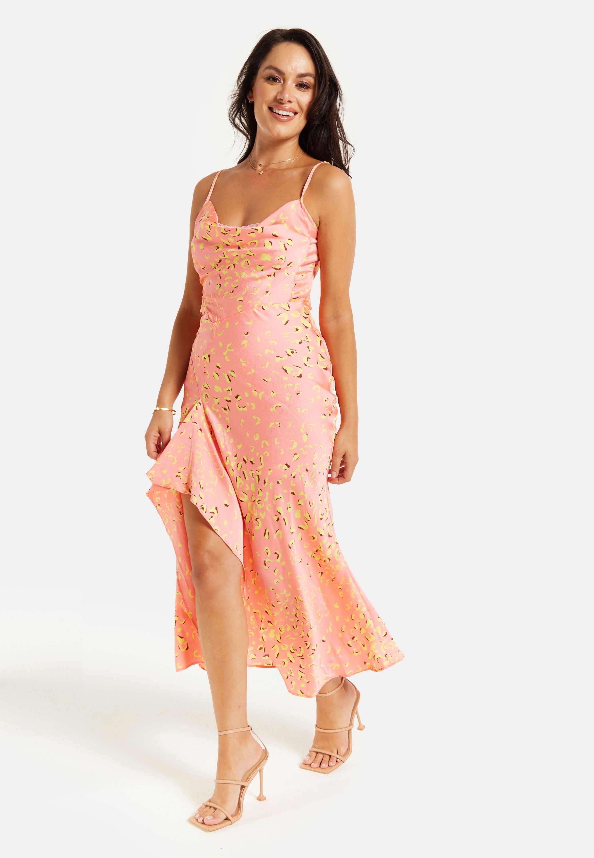 Women’s Maxi Dress in Peach with Cowl Neck, Spaghetti Straps, and Abstract Animal Print