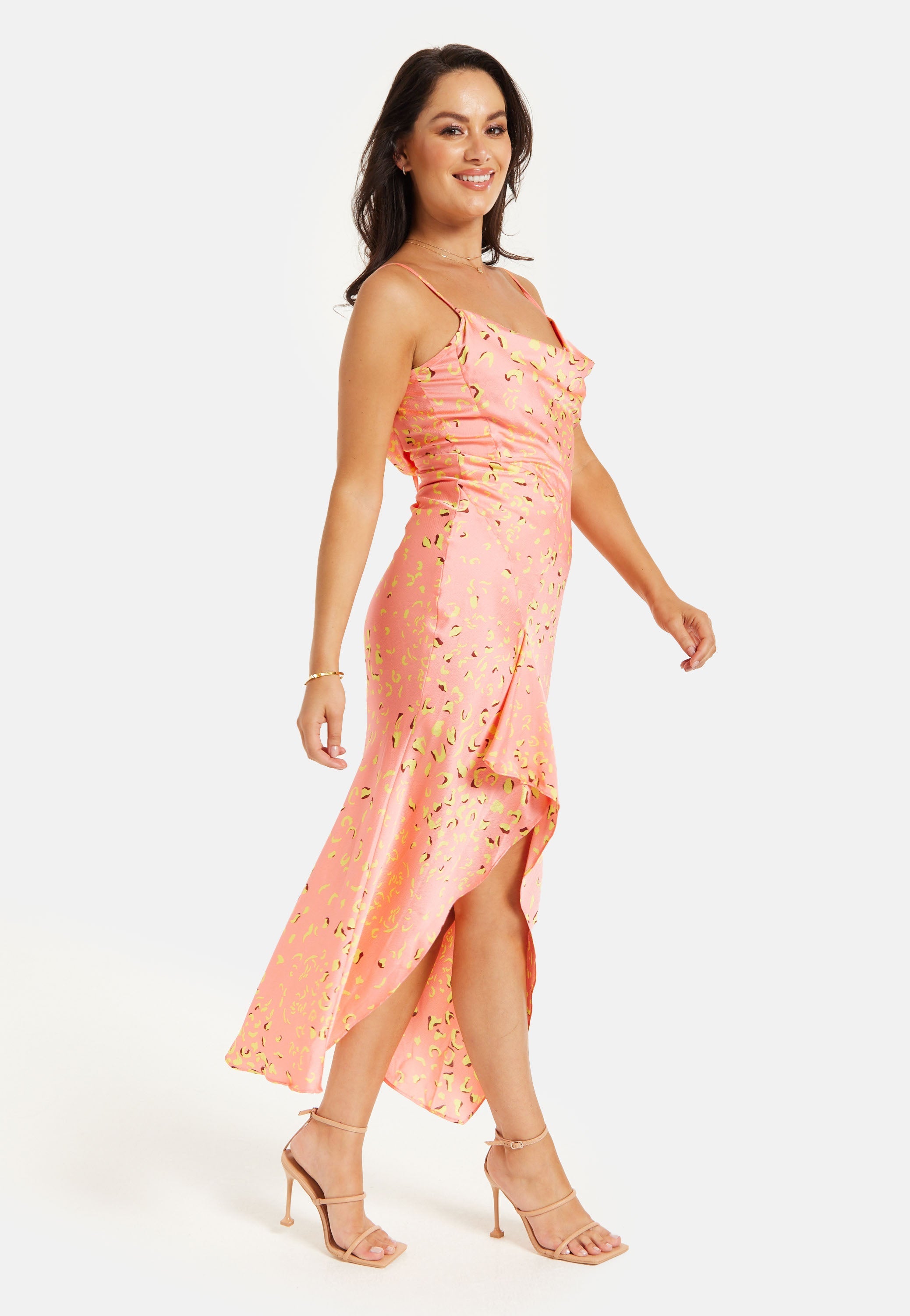 Women’s Maxi Dress in Peach with Cowl Neck, Spaghetti Straps, and Abstract Animal Print
