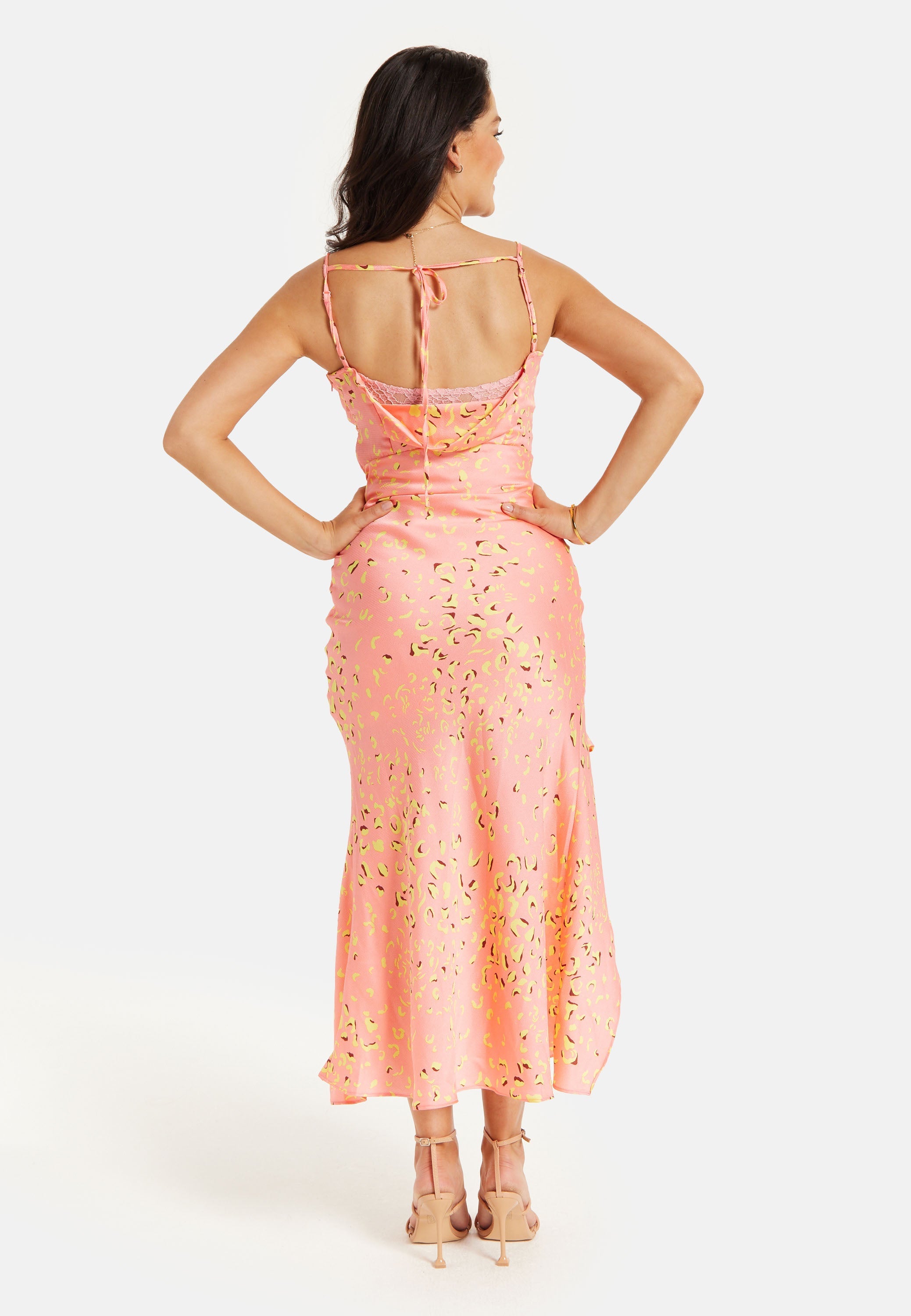 Women’s Maxi Dress in Peach with Cowl Neck, Spaghetti Straps, and Abstract Animal Print