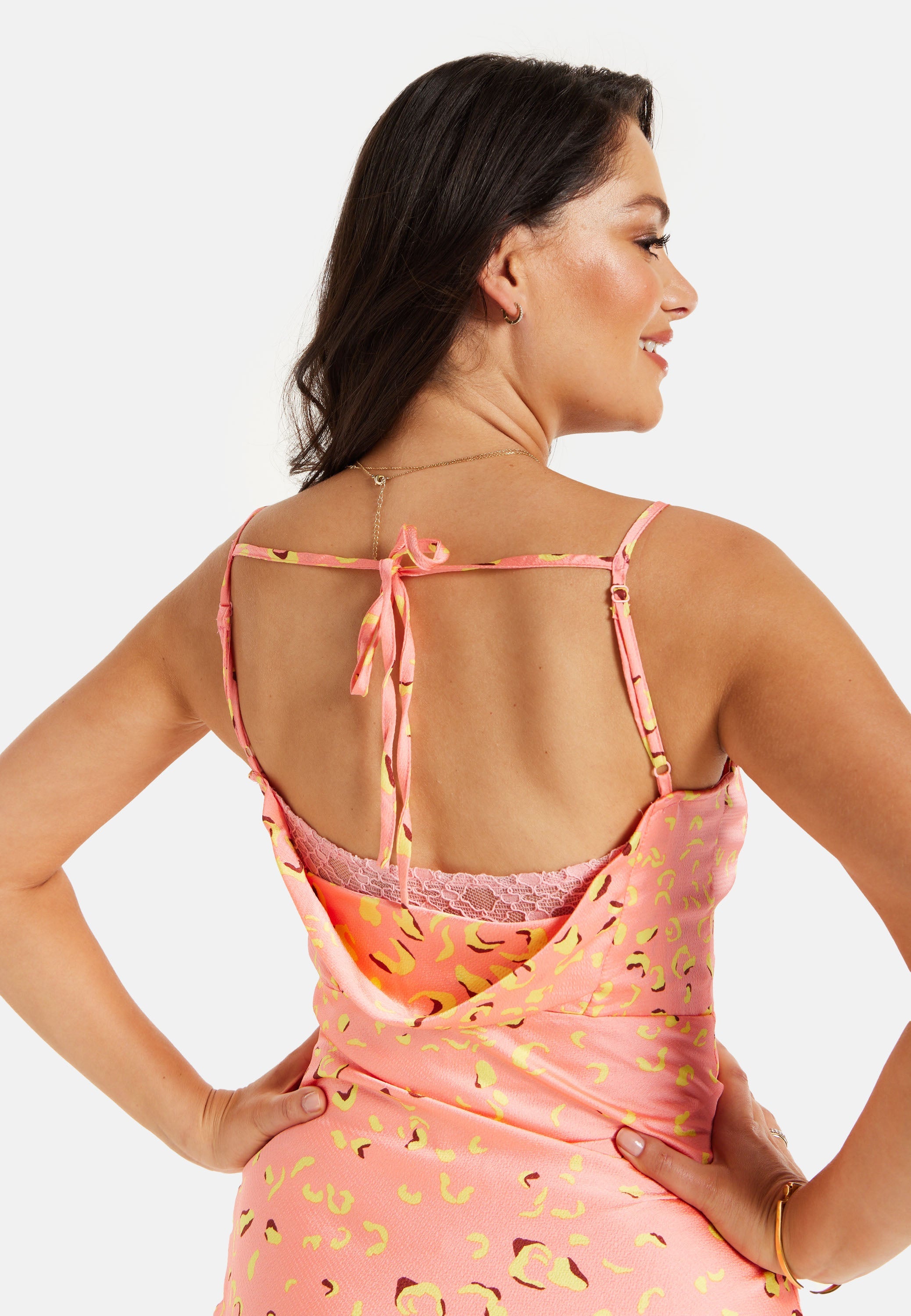 Women’s Maxi Dress in Peach with Cowl Neck, Spaghetti Straps, and Abstract Animal Print