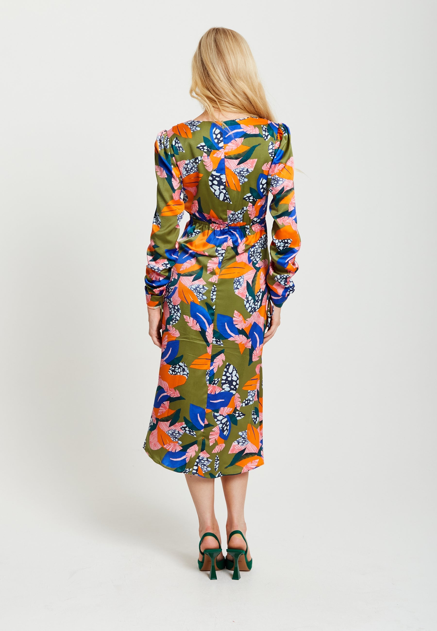 Women's Midi Dress with Adjustable Long Sleeves in Olive - Abstract Leaf Print Design by Liquorish