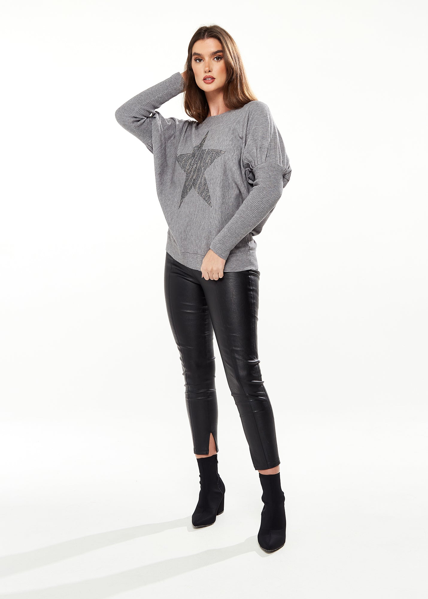 Women's Jumper Light Grey with Sparkly Zebra Star, Fitted Sleeves, Boat Neck Design, Loose Fit, Stud Detail
