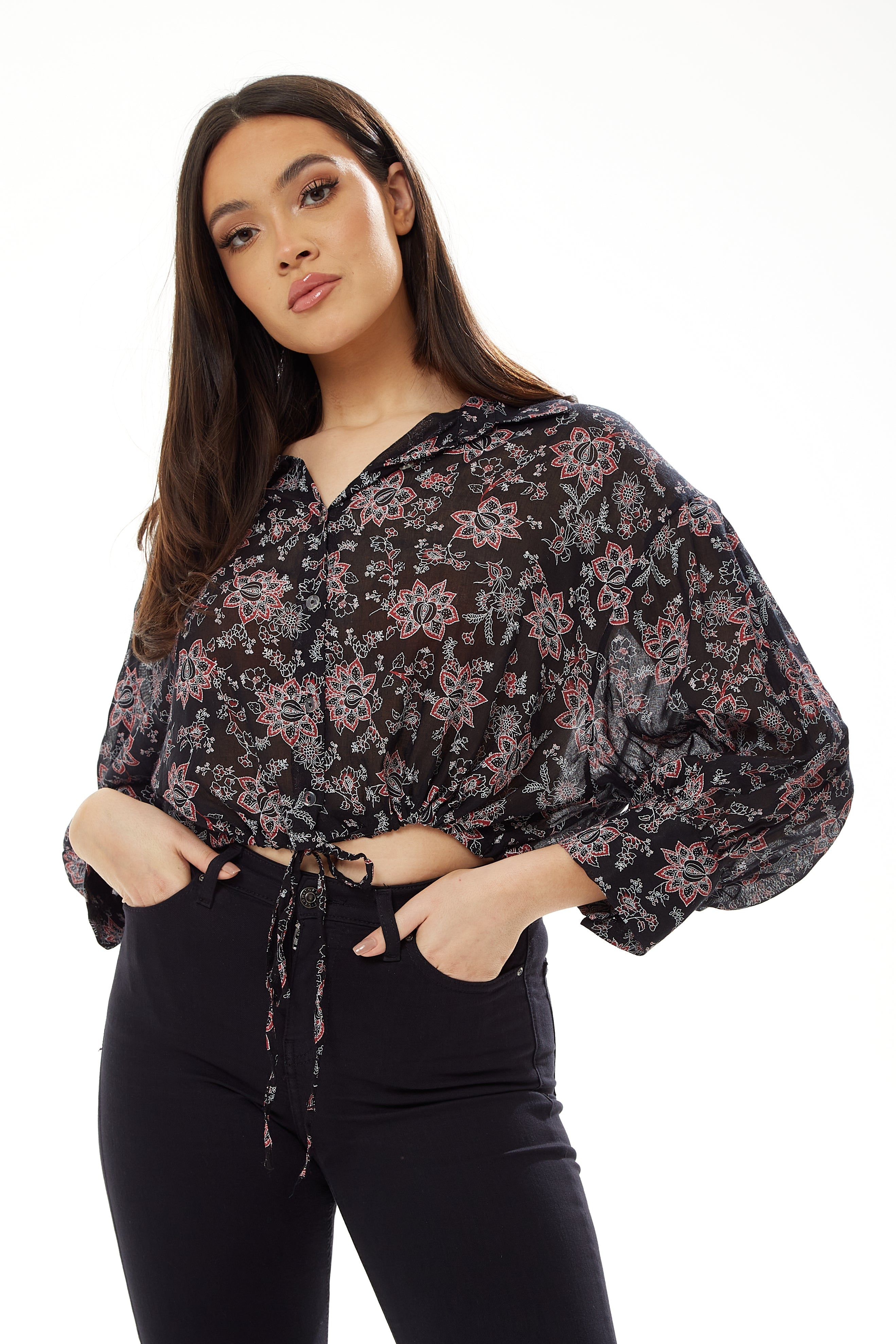 Women's Floral Print Crop Shirt in Black - Painterly print, cropped style, long sleeves, tie waist.
