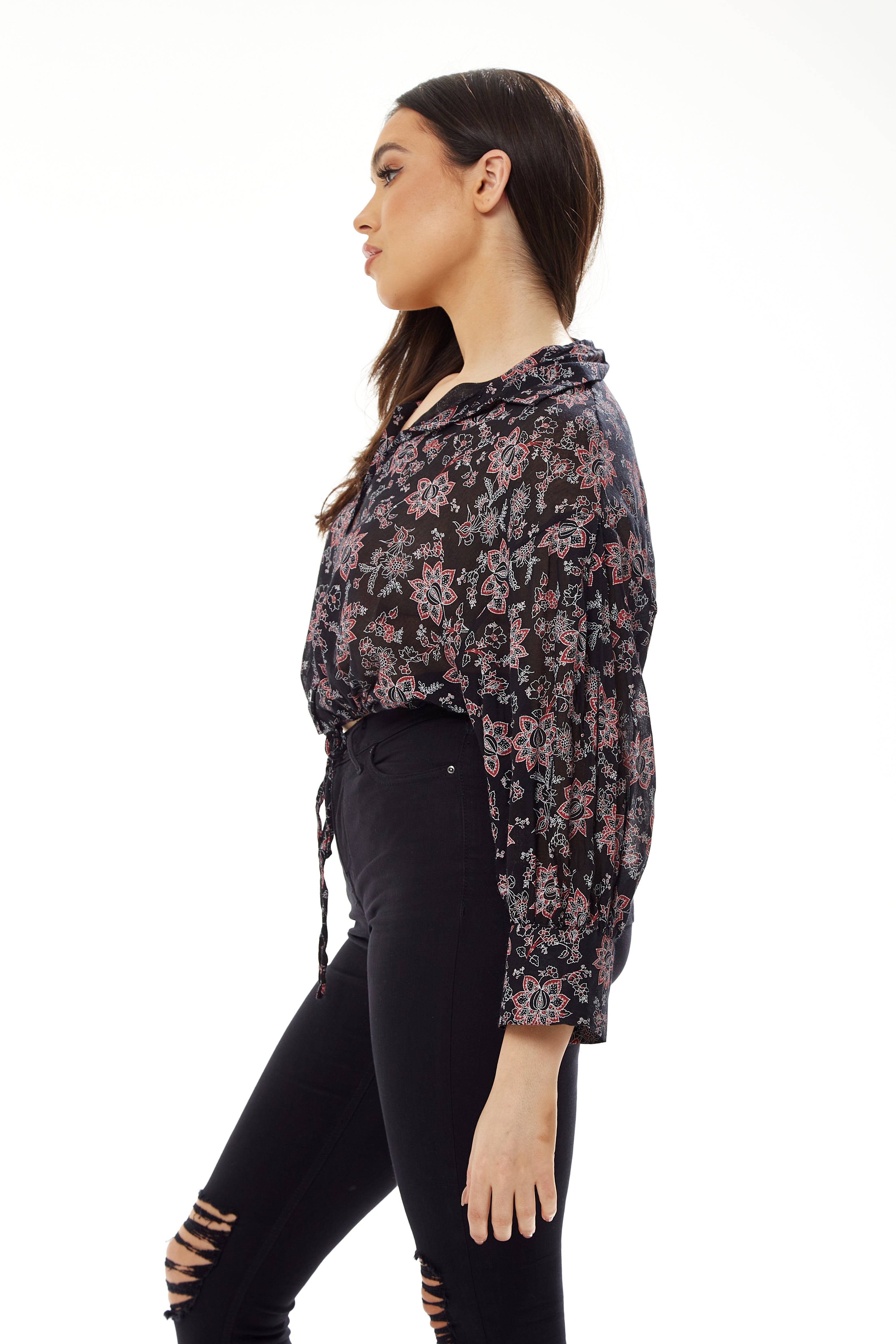 Women's Floral Print Crop Shirt in Black - Painterly print, cropped style, long sleeves, tie waist.