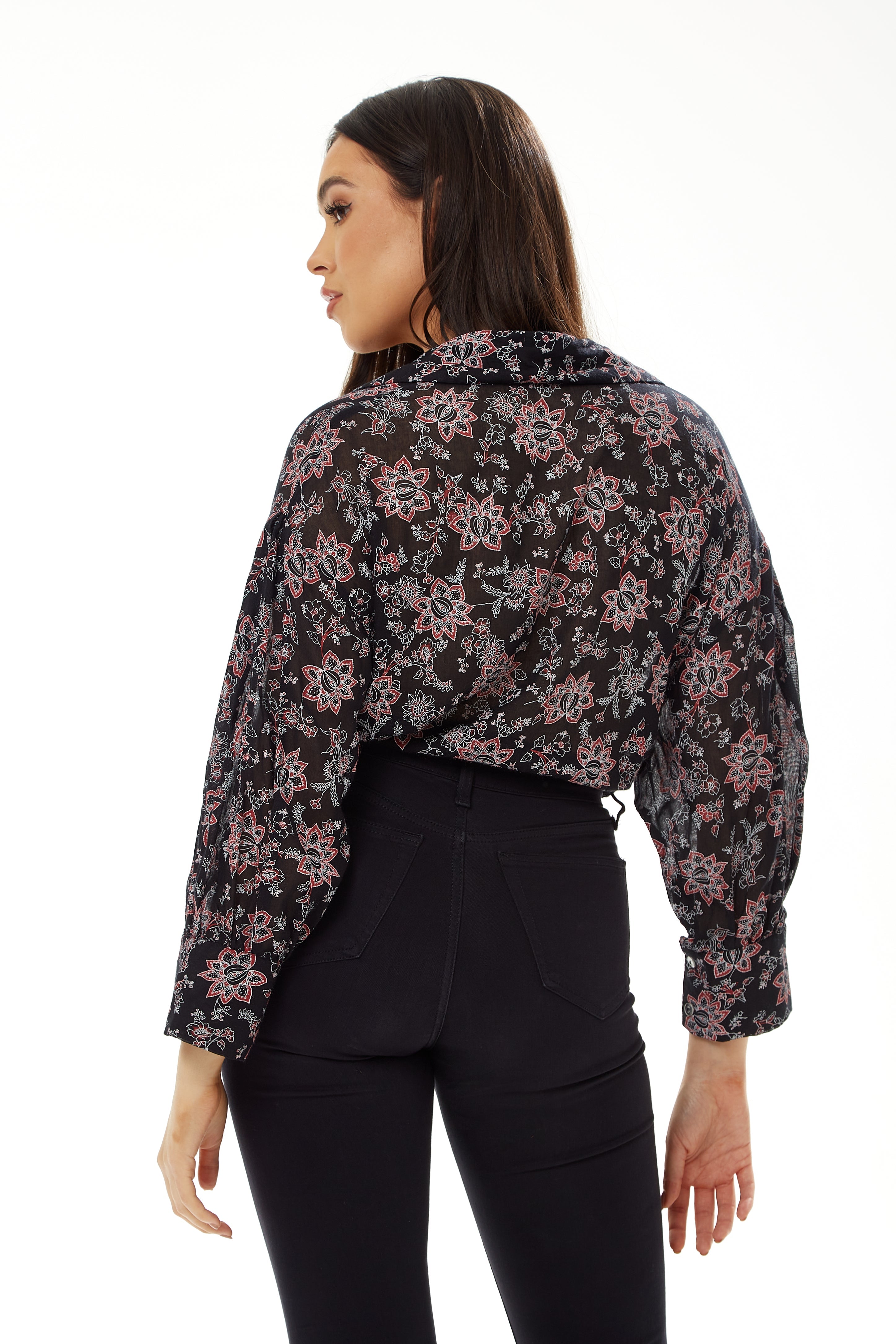 Women's Floral Print Crop Shirt in Black - Painterly print, cropped style, long sleeves, tie waist.