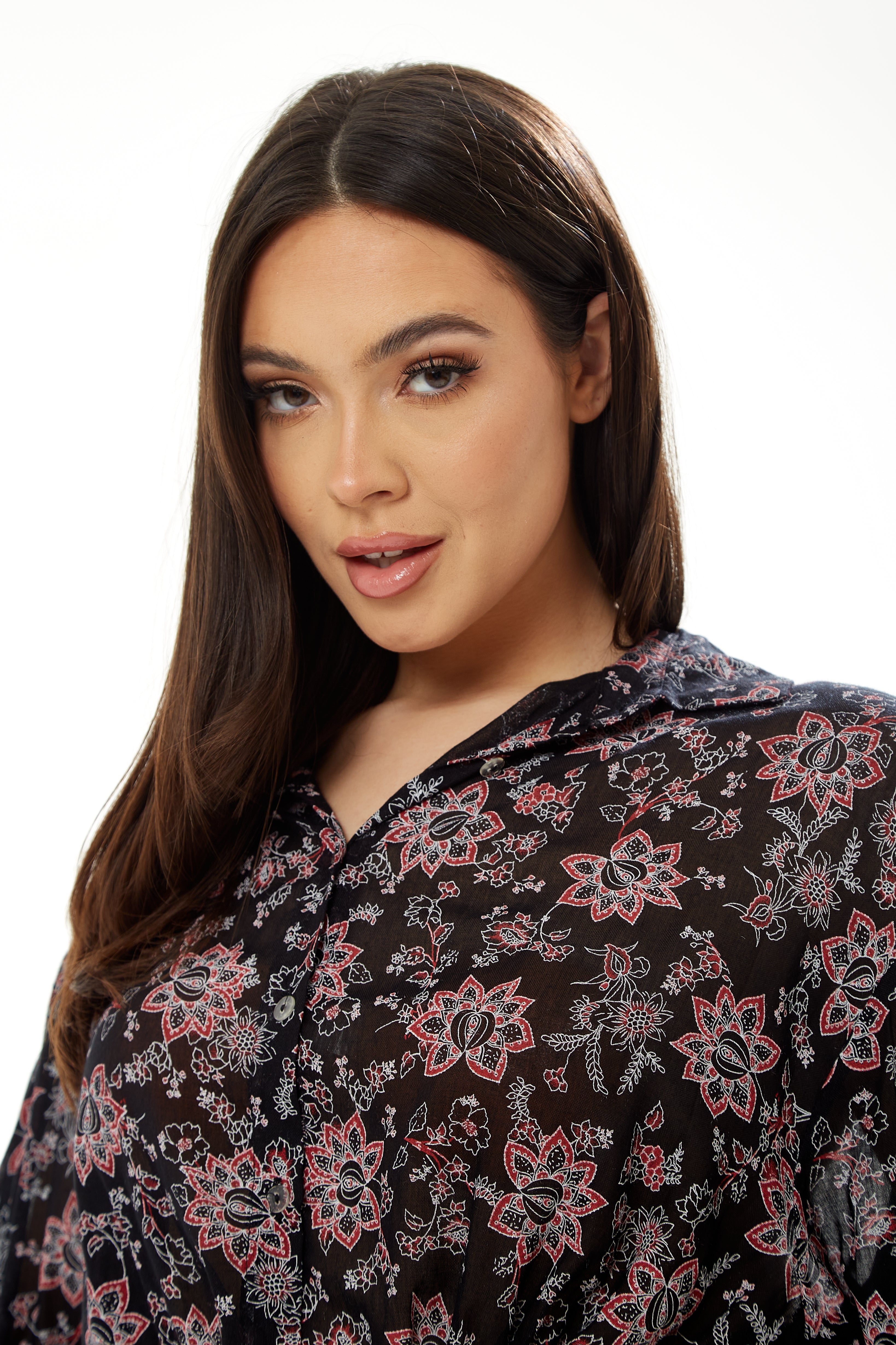 Women's Floral Print Crop Shirt in Black - Painterly print, cropped style, long sleeves, tie waist.