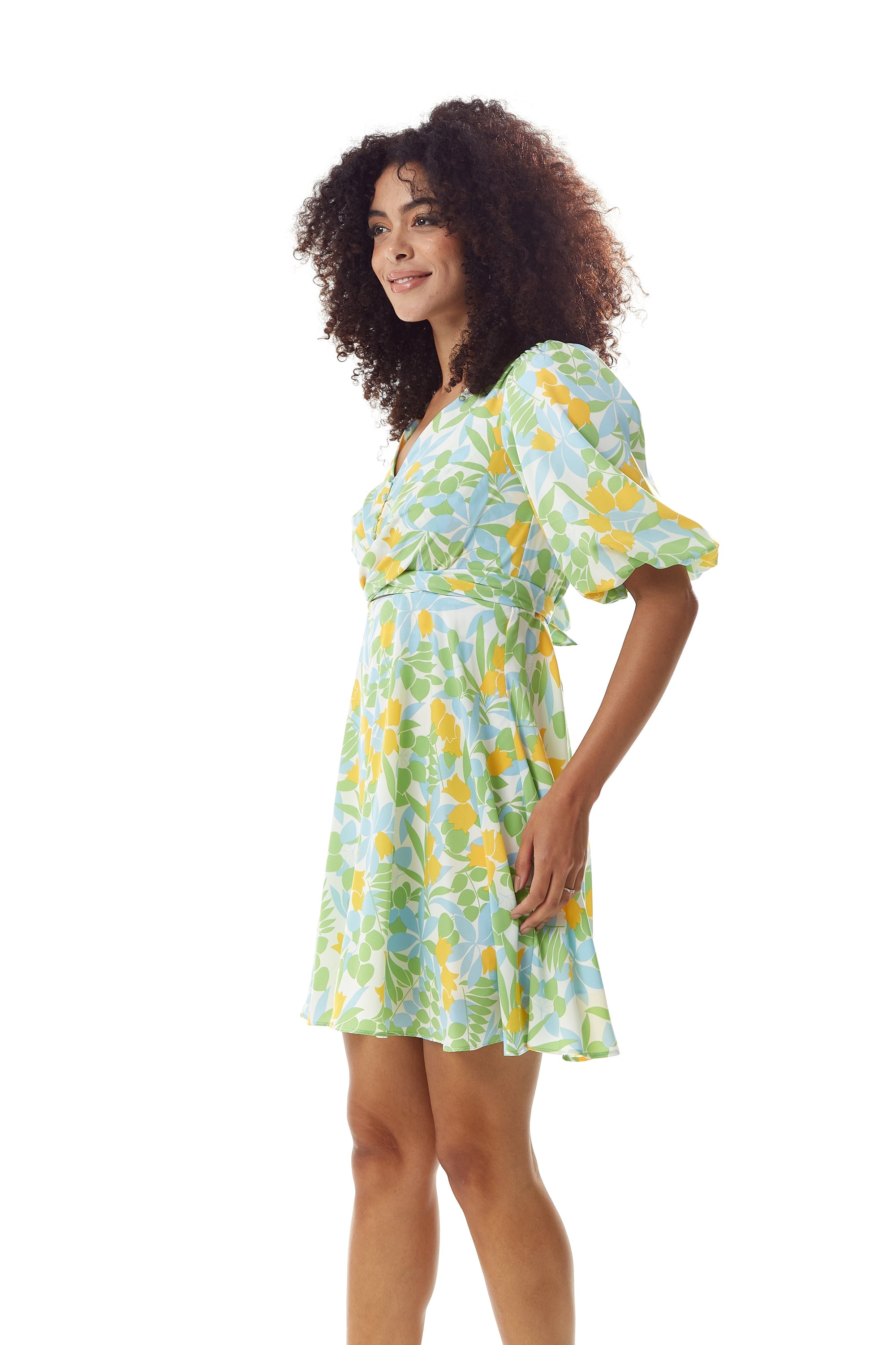 Women's Mini Dress, Yellow Floral Print, V Neck, Balloon Sleeves, Tie Waist, Chic Summer Style