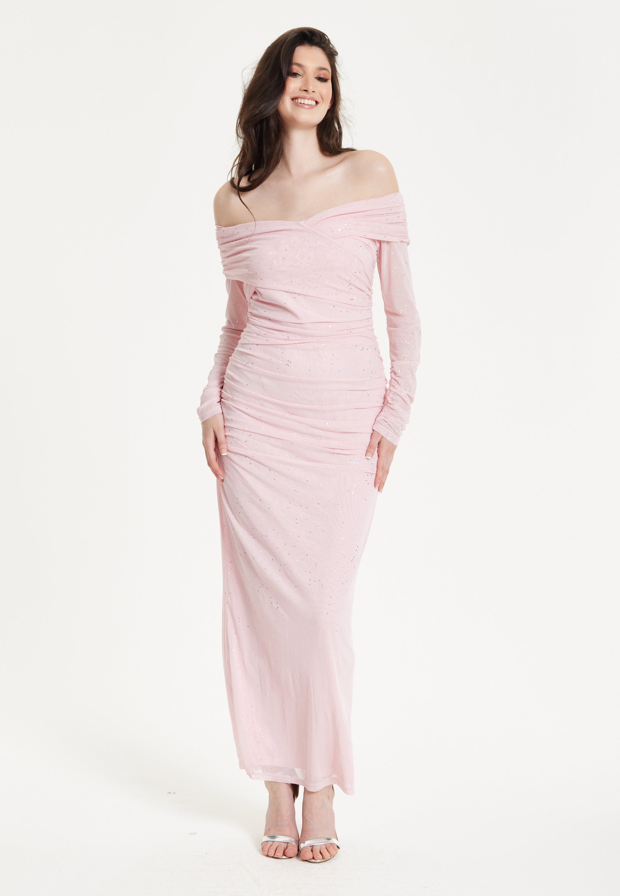 Blush Off-Shoulder Ruched Maxi Dress