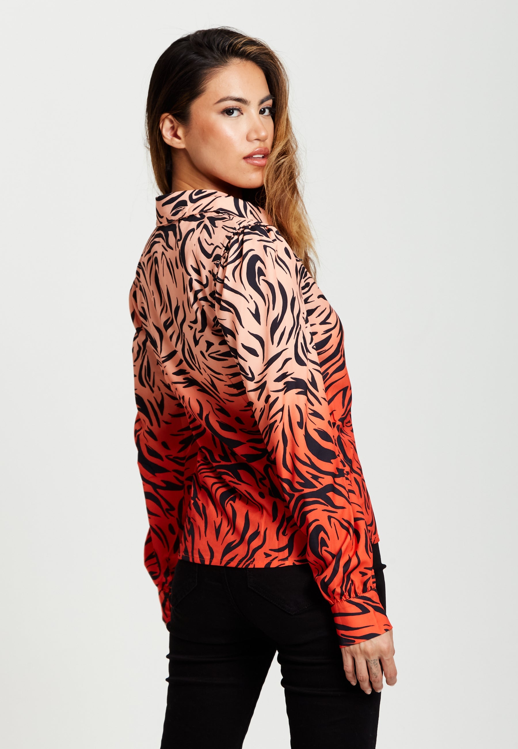 Women's Zebra Print Shirt With Accentuated 70's Collar Detail In Orange And Nude - Long Sleeves, Side Pocket
