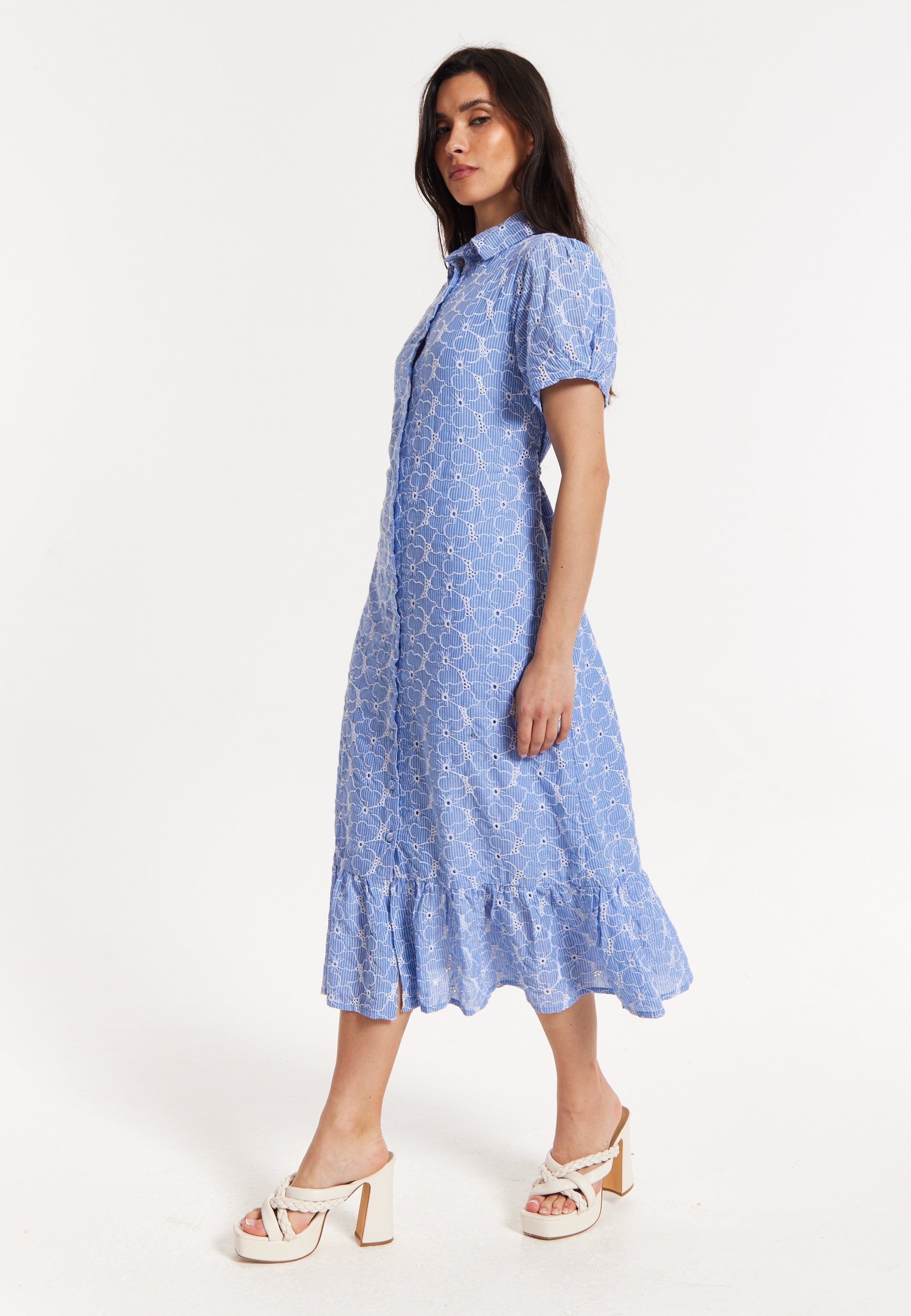 Blue Embroidered Shirt Midi Dress