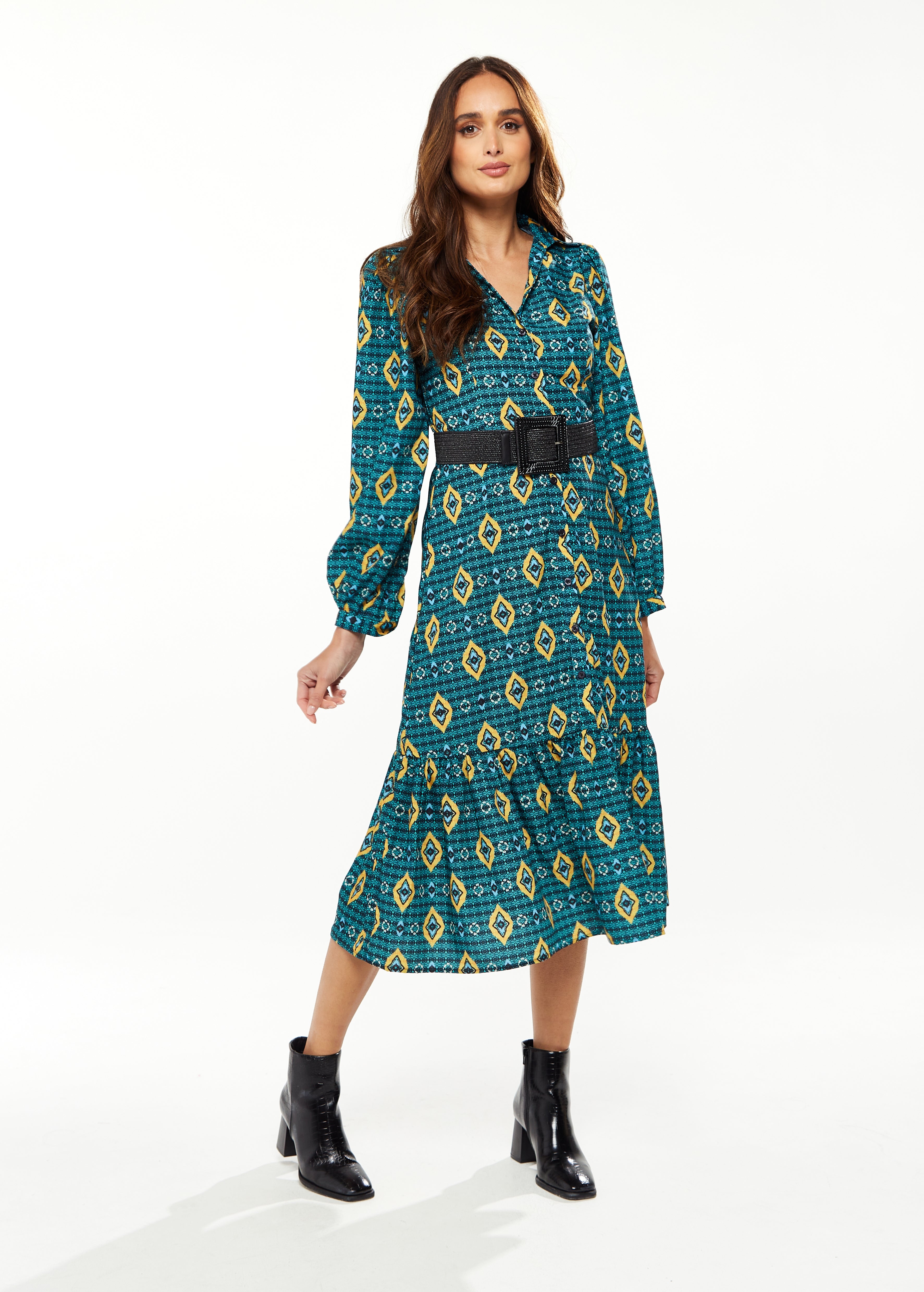 Women's Midi Dress with Tiered Skirt Detail in Green, Yellow & Navy - Short Sleeve - Stylish African Print by Liquorish