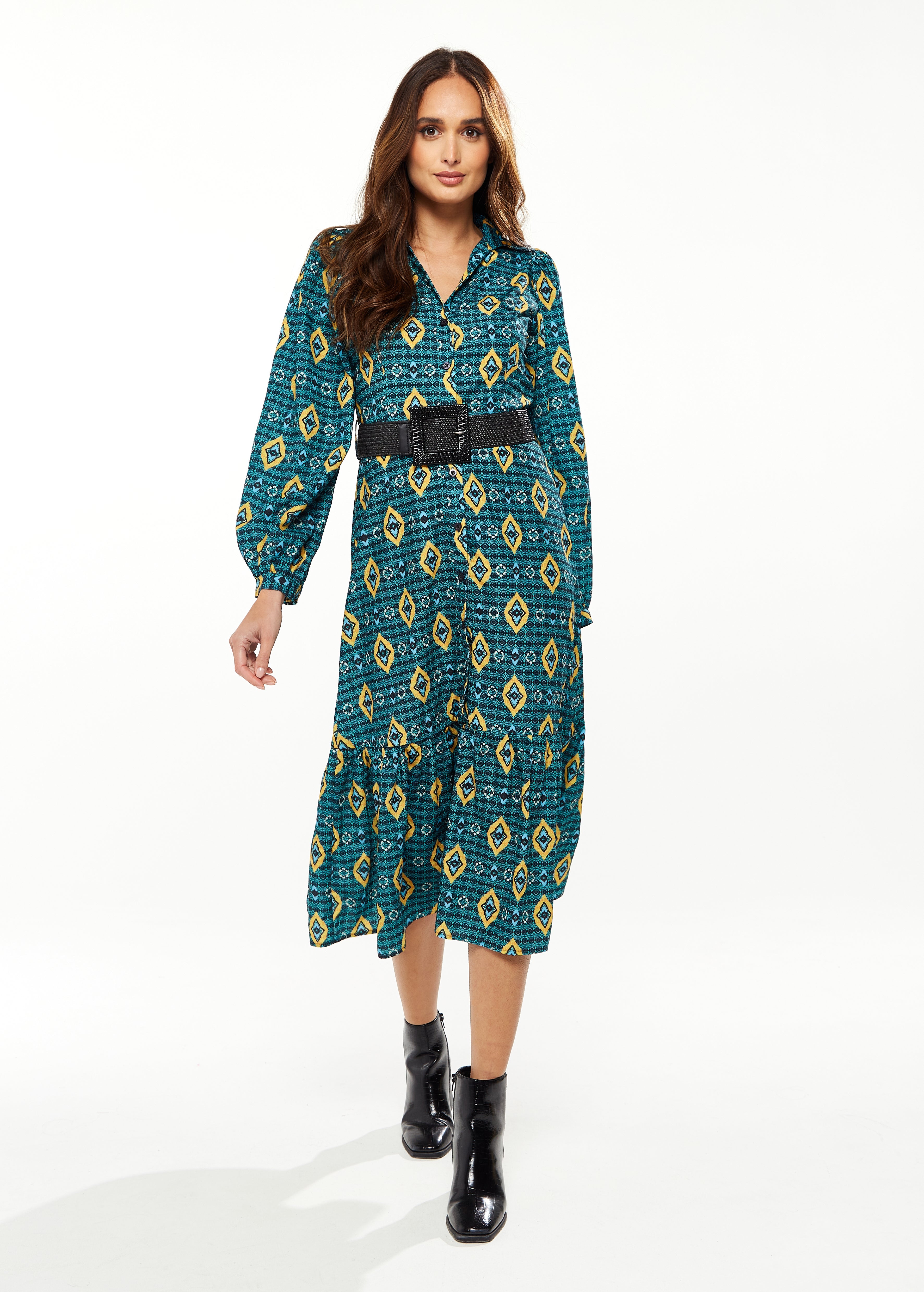 Women's Midi Dress with Tiered Skirt Detail in Green, Yellow & Navy - Short Sleeve - Stylish African Print by Liquorish