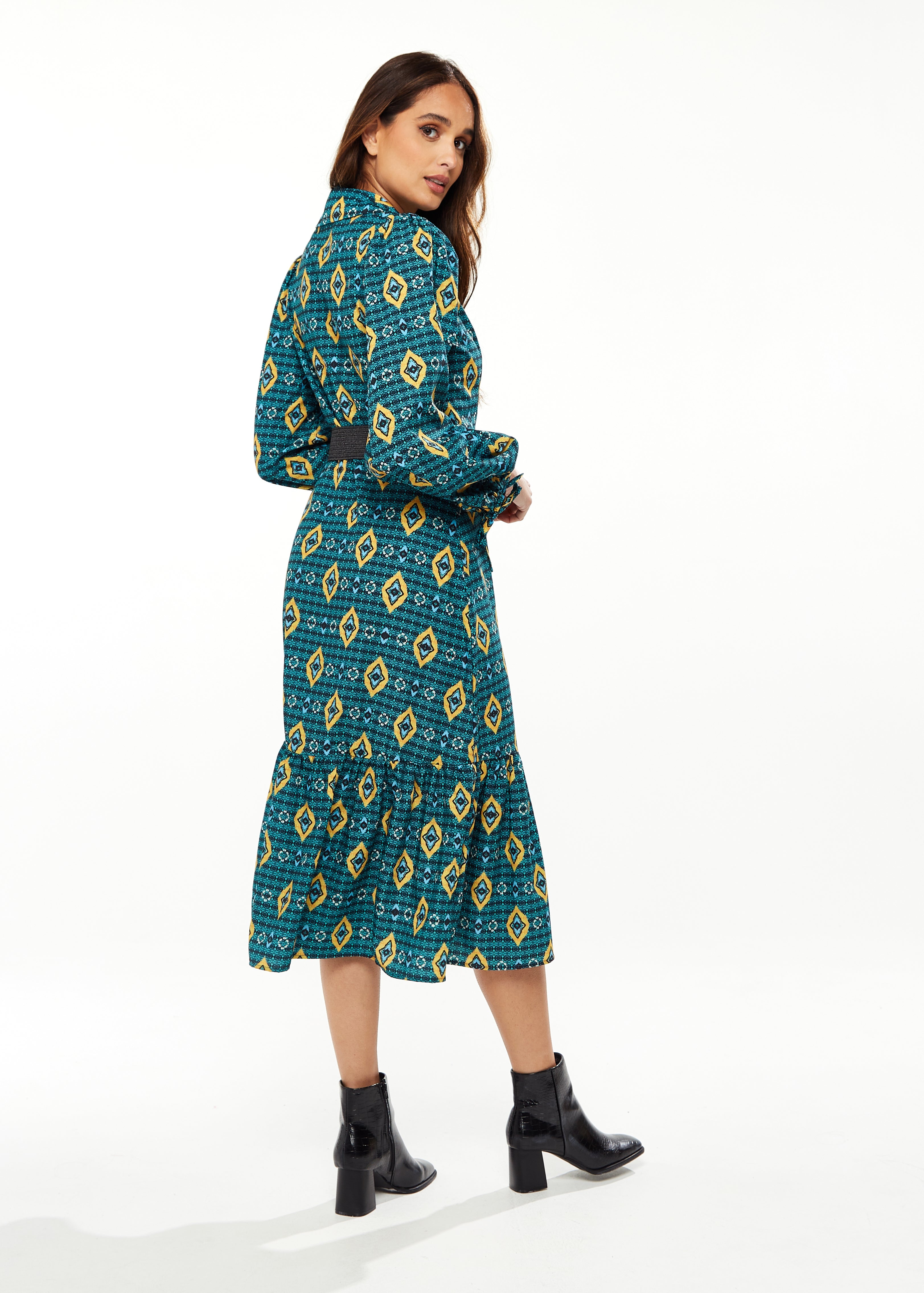 Women's Midi Dress with Tiered Skirt Detail in Green, Yellow & Navy - Short Sleeve - Stylish African Print by Liquorish
