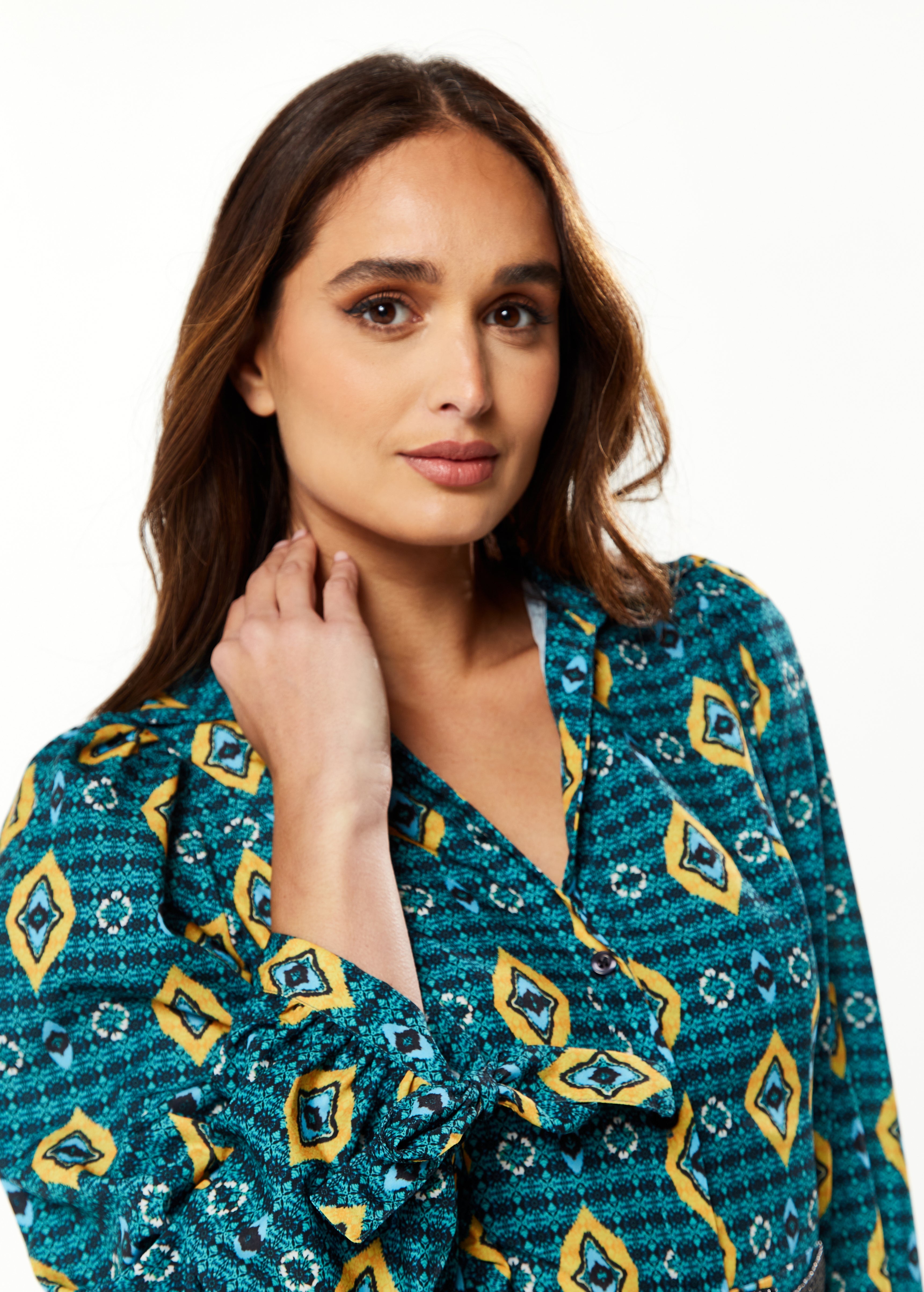 Women's Midi Dress with Tiered Skirt Detail in Green, Yellow & Navy - Short Sleeve - Stylish African Print by Liquorish