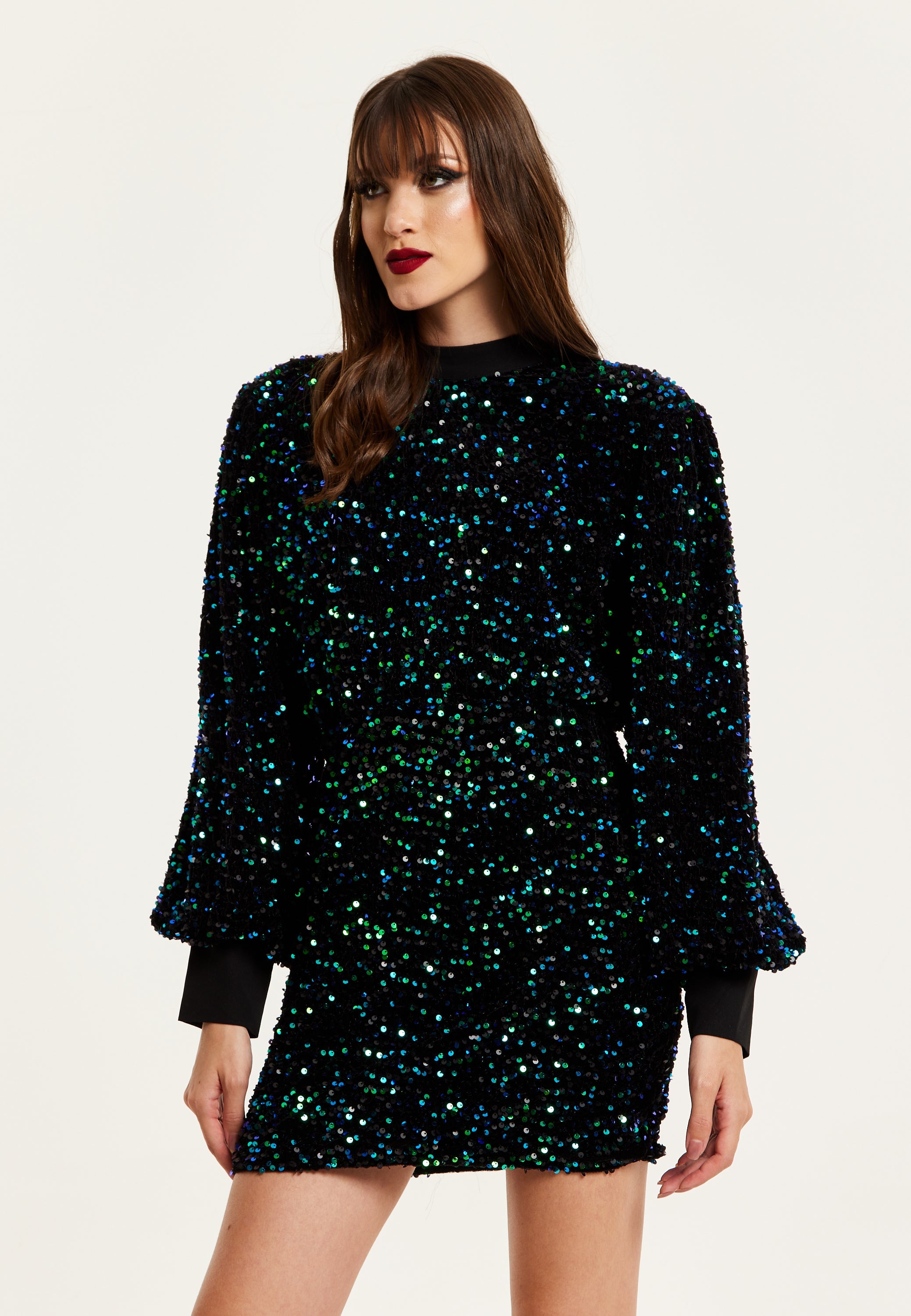 Women's Mini Dress in Black Velvet with Green and Blue Sequins, Long Sleeves, Stylish Open Back - Liquorish