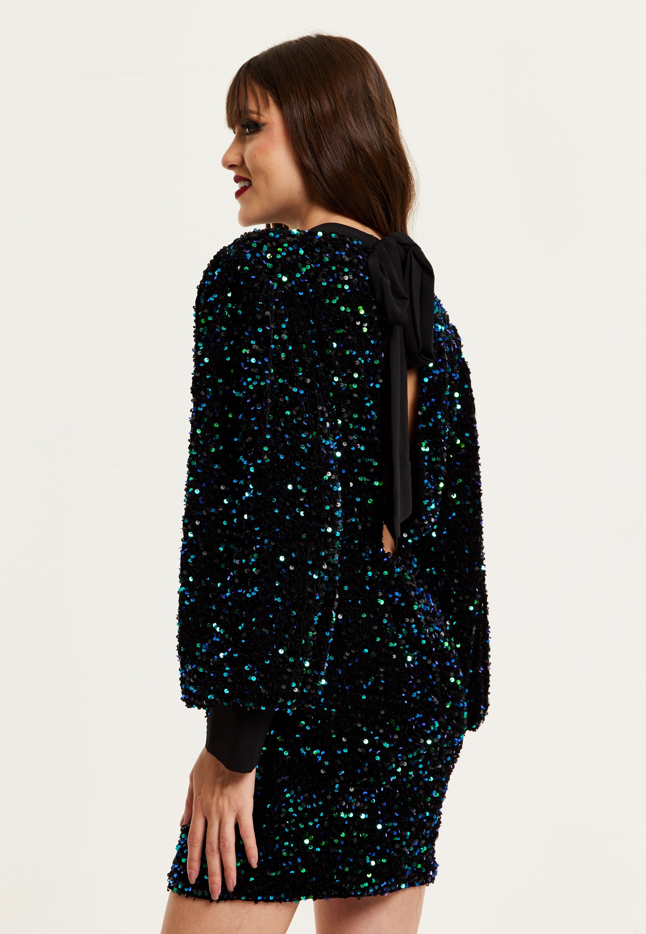 Women's Mini Dress in Black Velvet with Green and Blue Sequins, Long Sleeves, Stylish Open Back - Liquorish