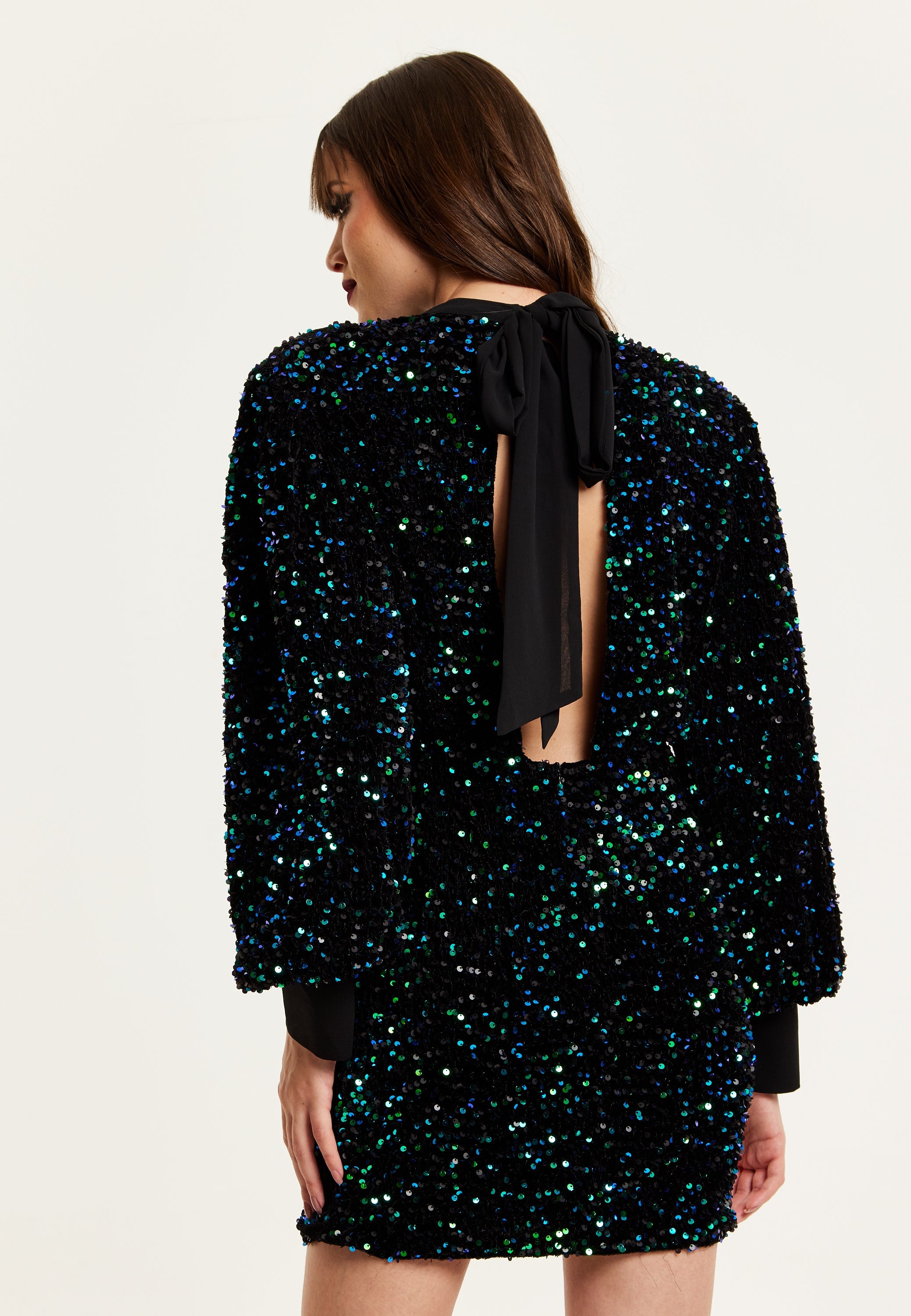 Women's Mini Dress in Black Velvet with Green and Blue Sequins, Long Sleeves, Stylish Open Back - Liquorish
