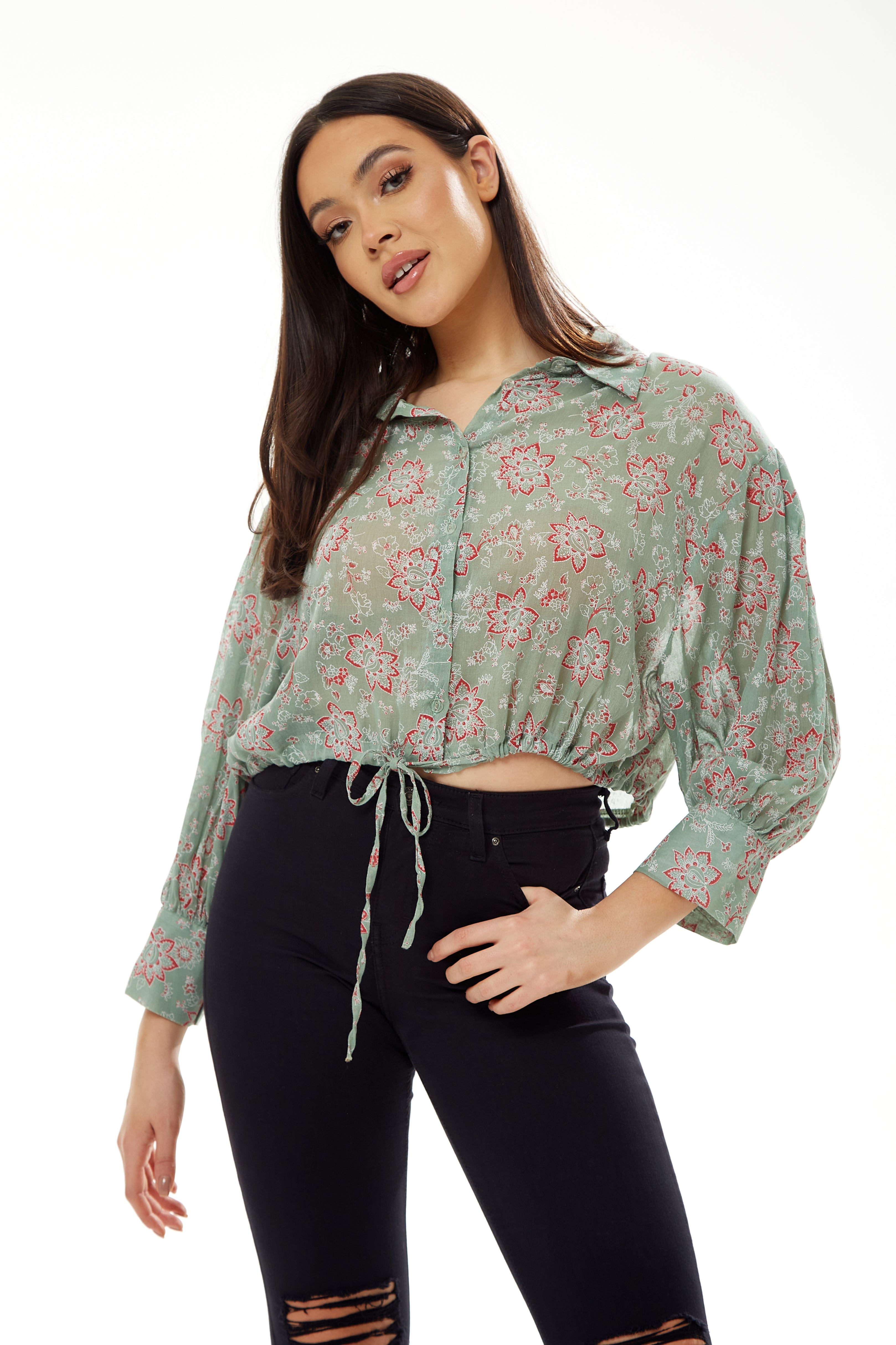 Women's Floral Print Crop Shirt in Mint Green - Painterly print, cropped style, long sleeves, tie waist.
