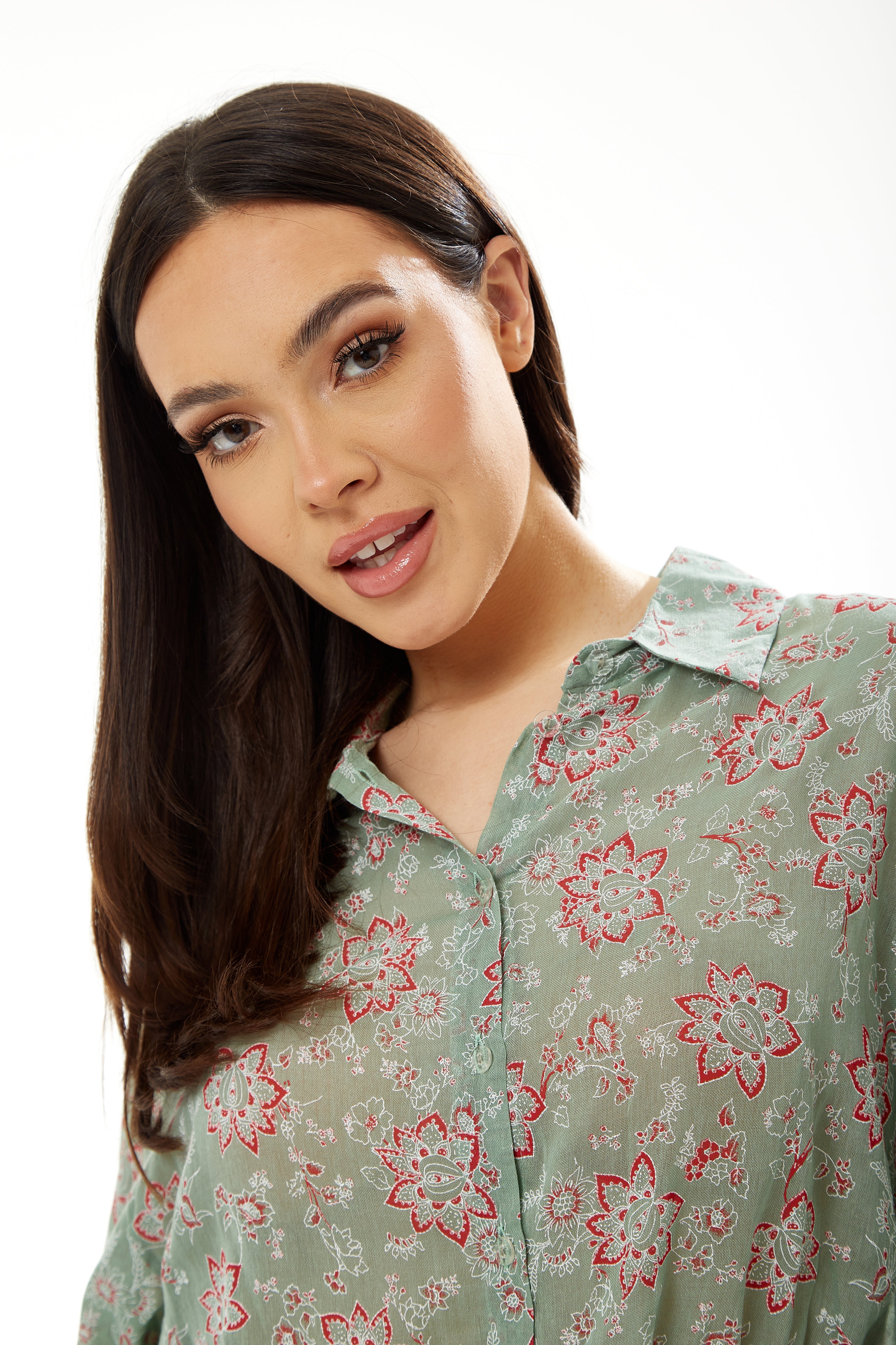 Women's Floral Print Crop Shirt in Mint Green - Painterly print, cropped style, long sleeves, tie waist.