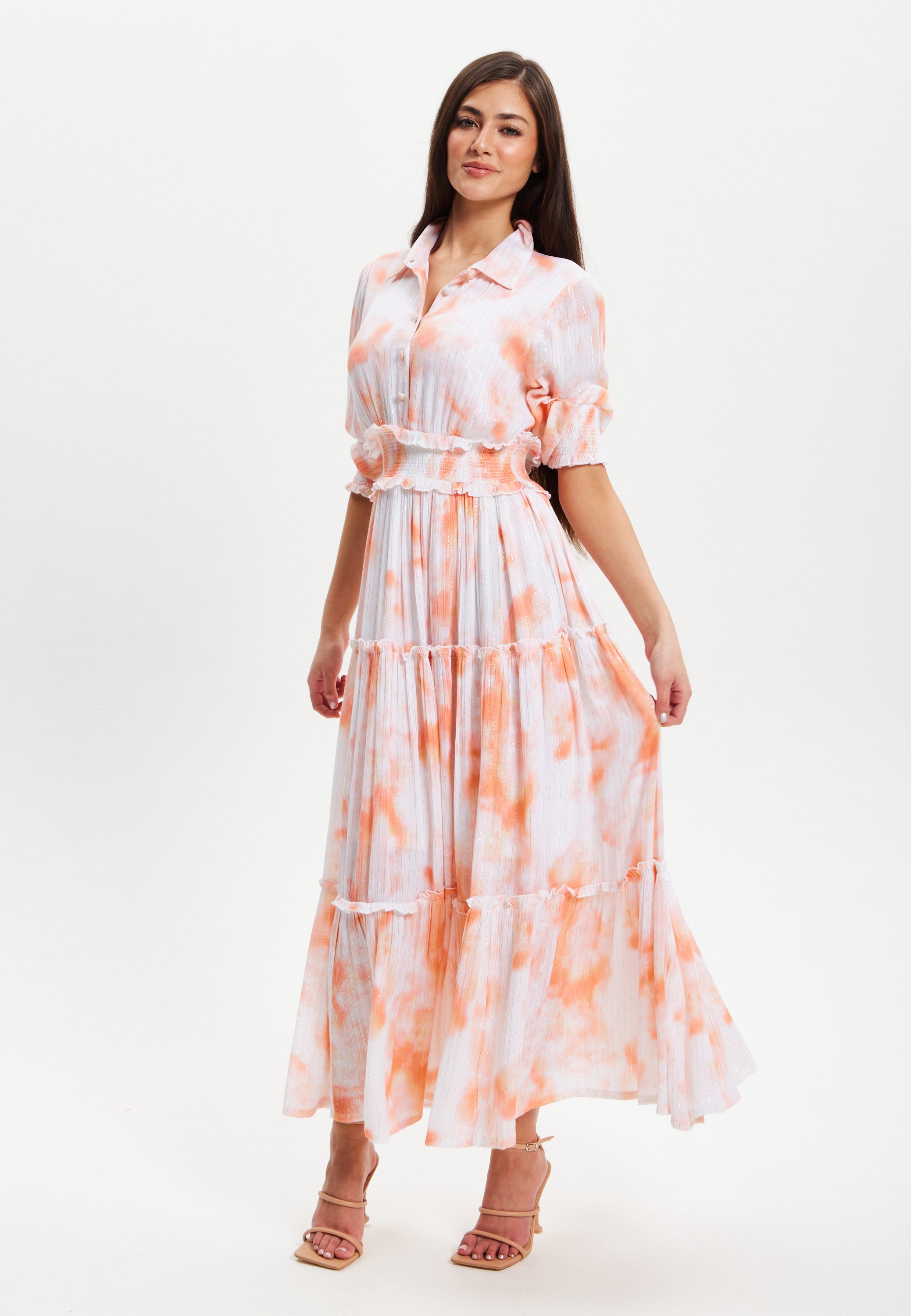 Women's Maxi Dress with Elasticated Waist, Short Sleeves, and Vibrant Orange Dip Dye Design