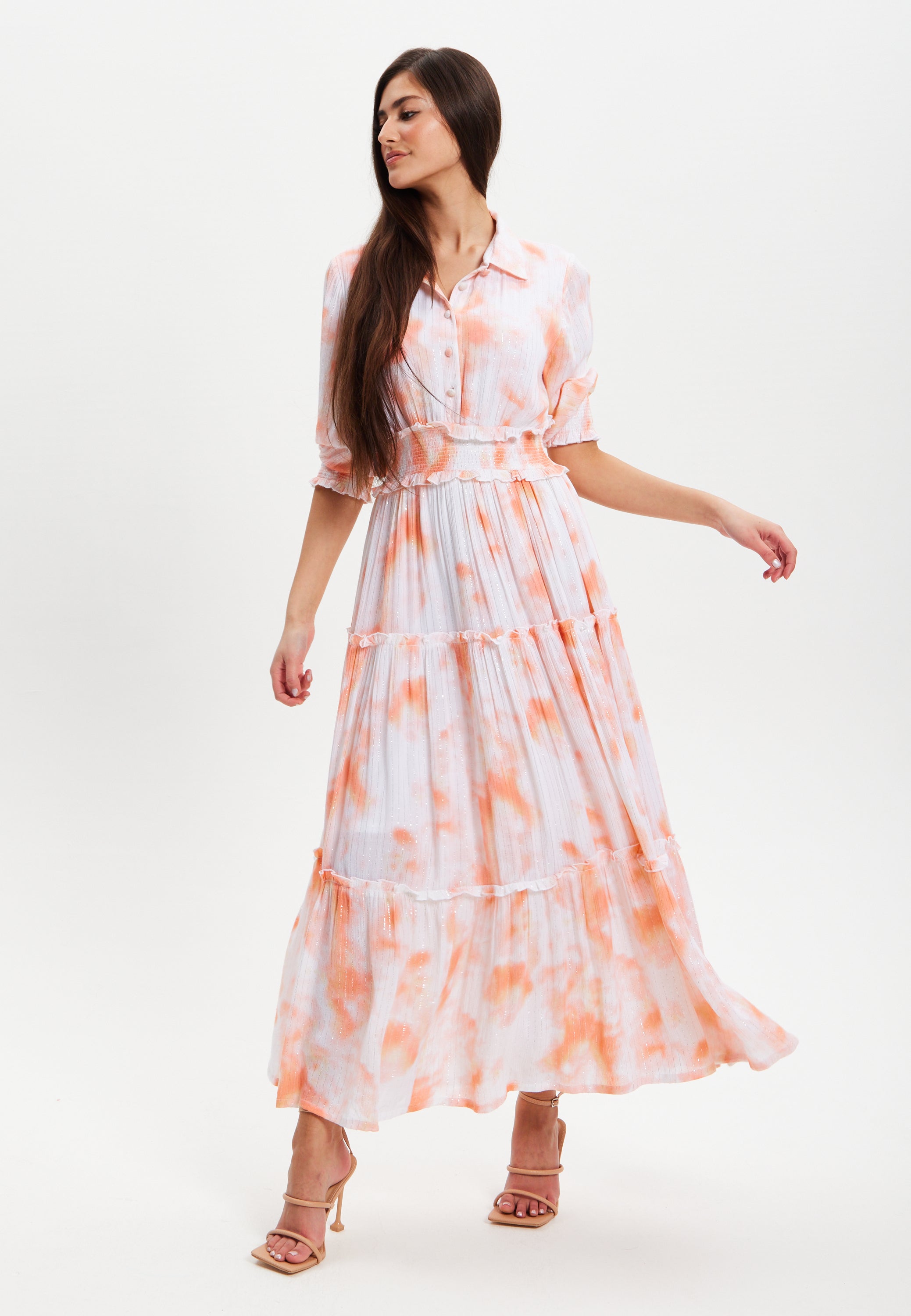 Women's Maxi Dress with Elasticated Waist, Short Sleeves, and Vibrant Orange Dip Dye Design