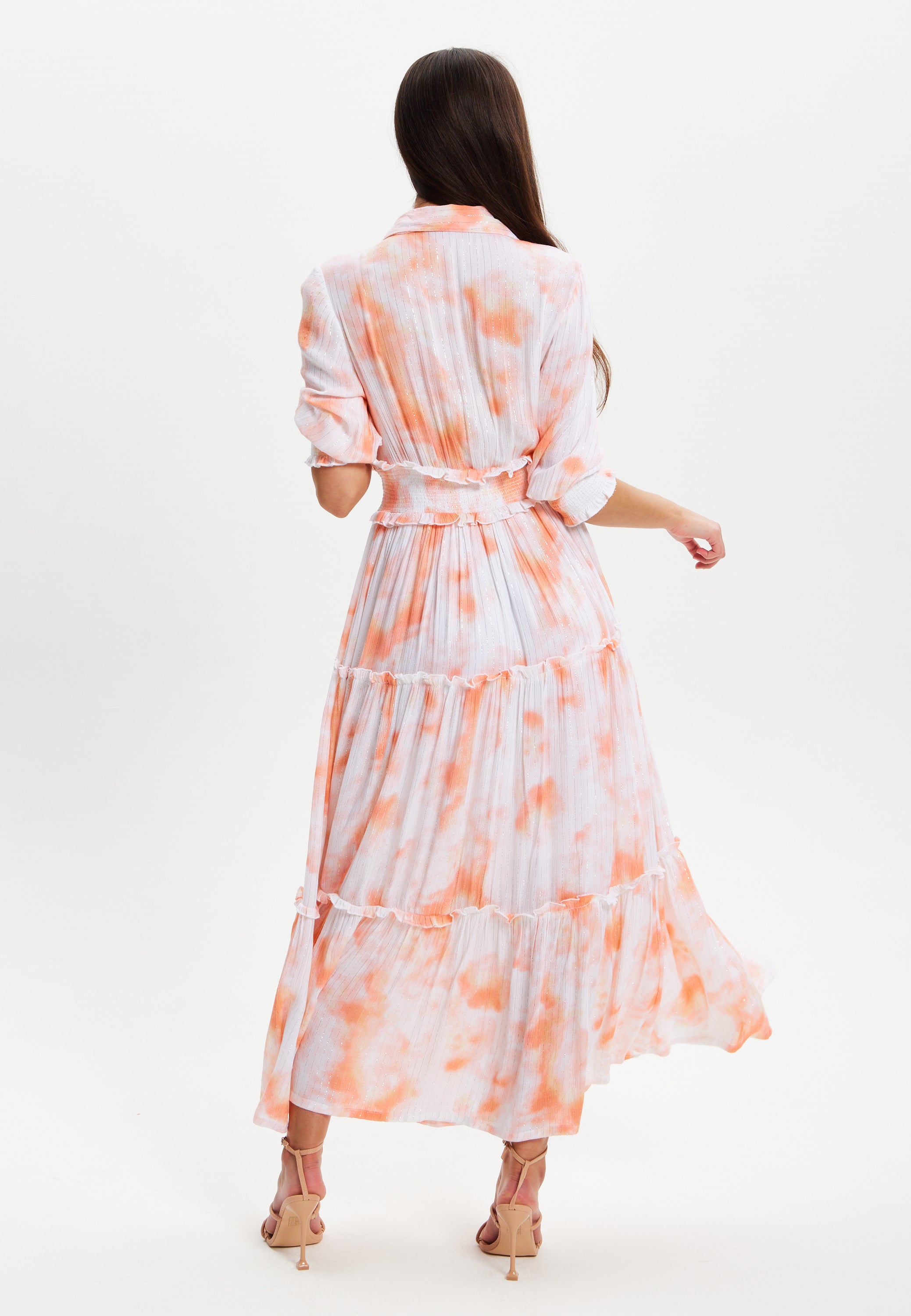 Women's Maxi Dress with Elasticated Waist, Short Sleeves, and Vibrant Orange Dip Dye Design