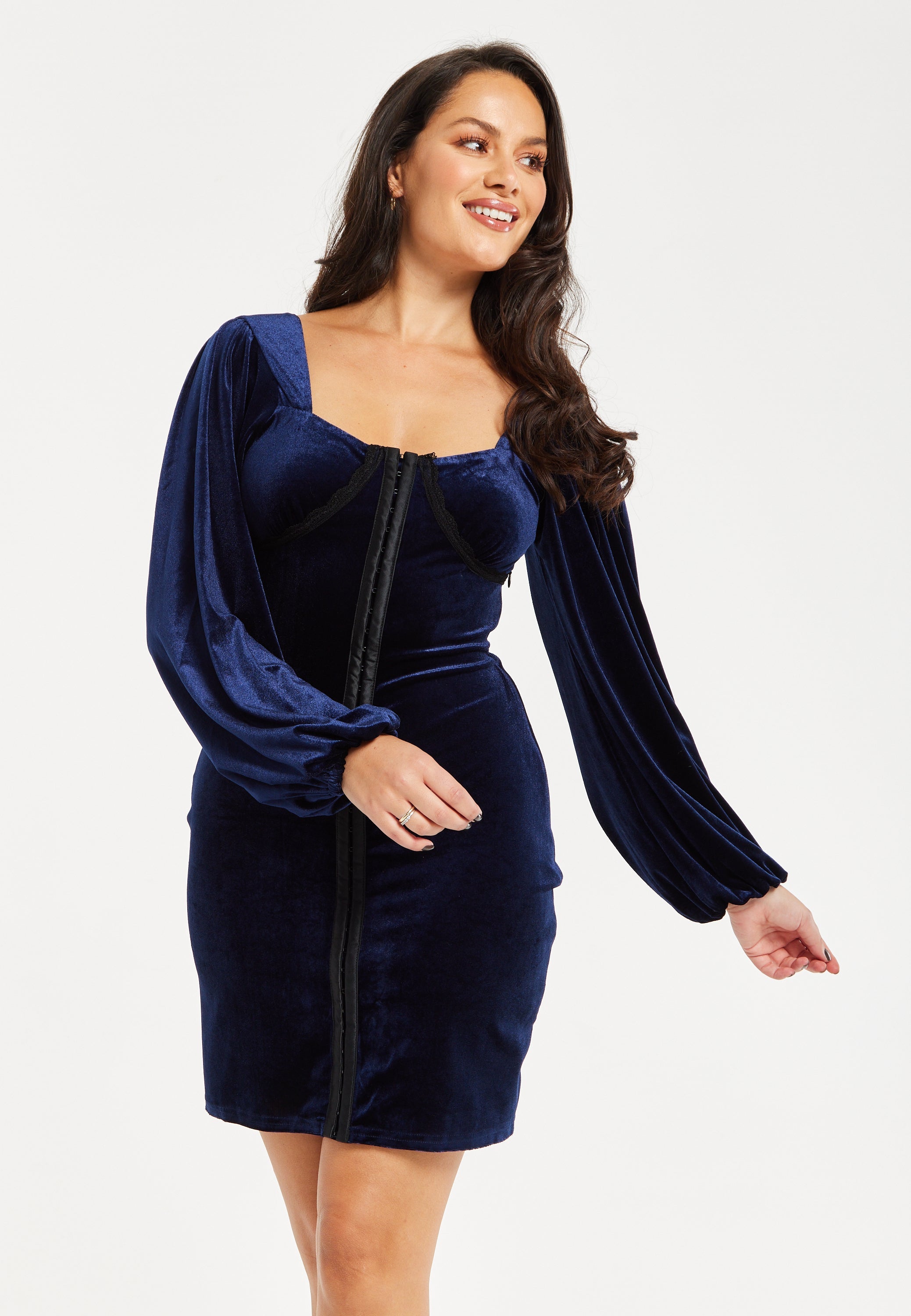 Women's Mini Dress with Corset Detail, Balloon Sleeves, Square Neck, and Velvet in Navy - Regular Fit by Liquorish