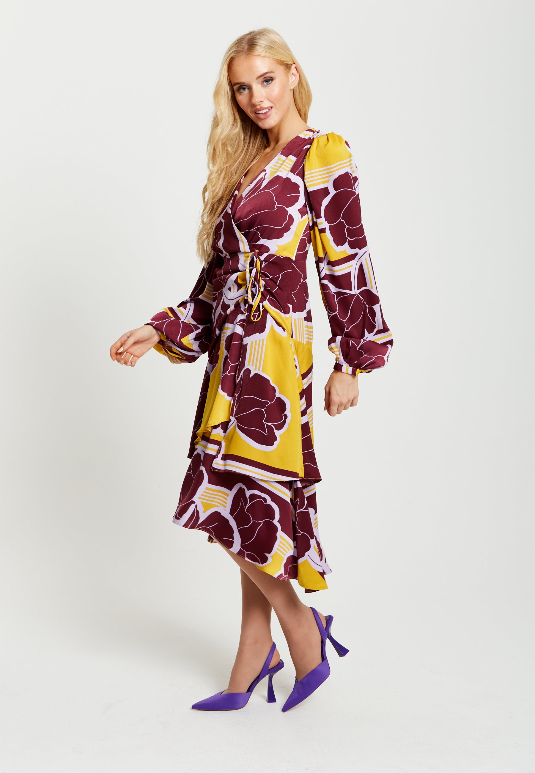 Women's Midi Wrap Dress in Mustard and Burgundy with Long Balloon Sleeves - Elegant Satin by Liquorish