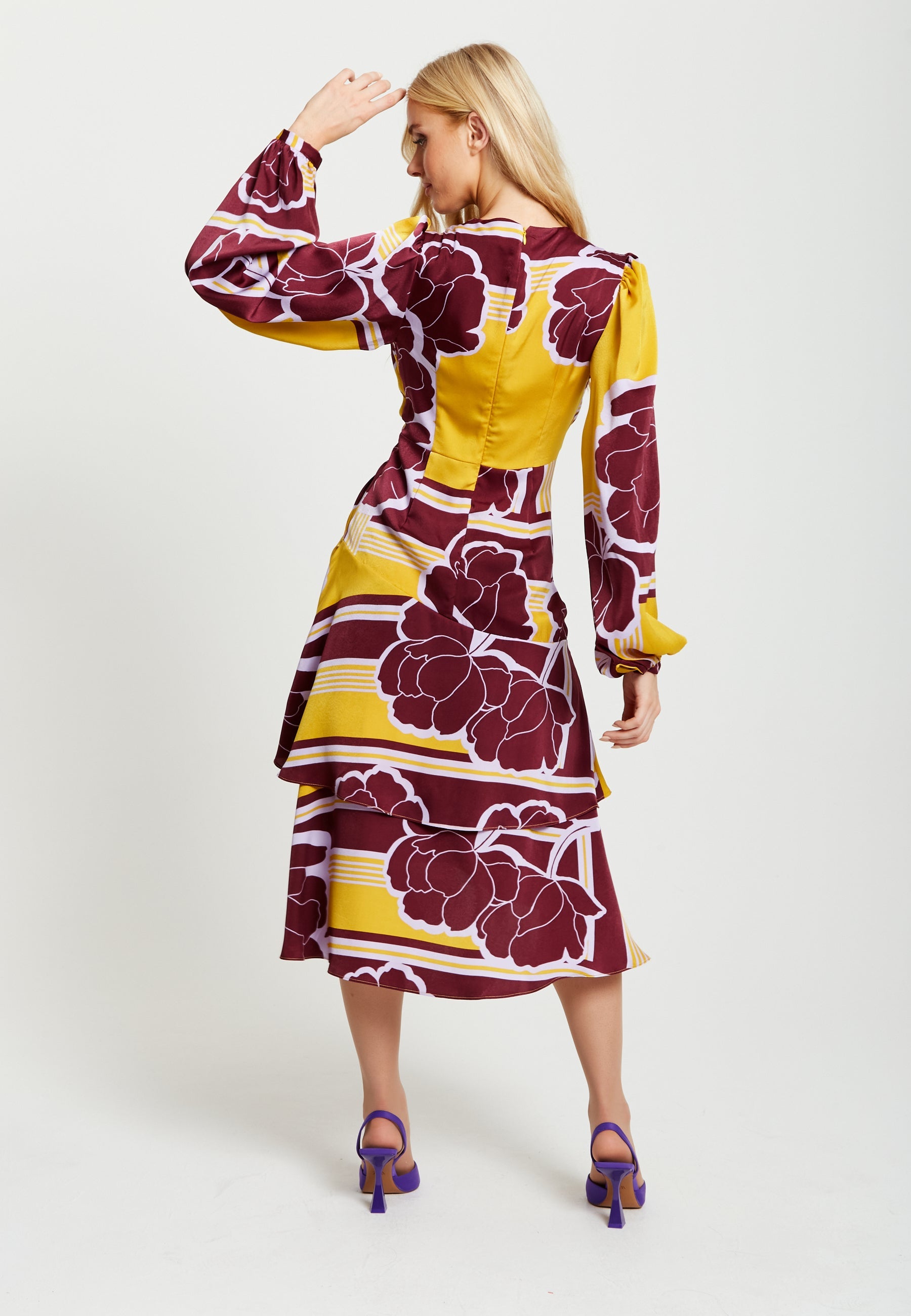 Women's Midi Wrap Dress in Mustard and Burgundy with Long Balloon Sleeves - Elegant Satin by Liquorish