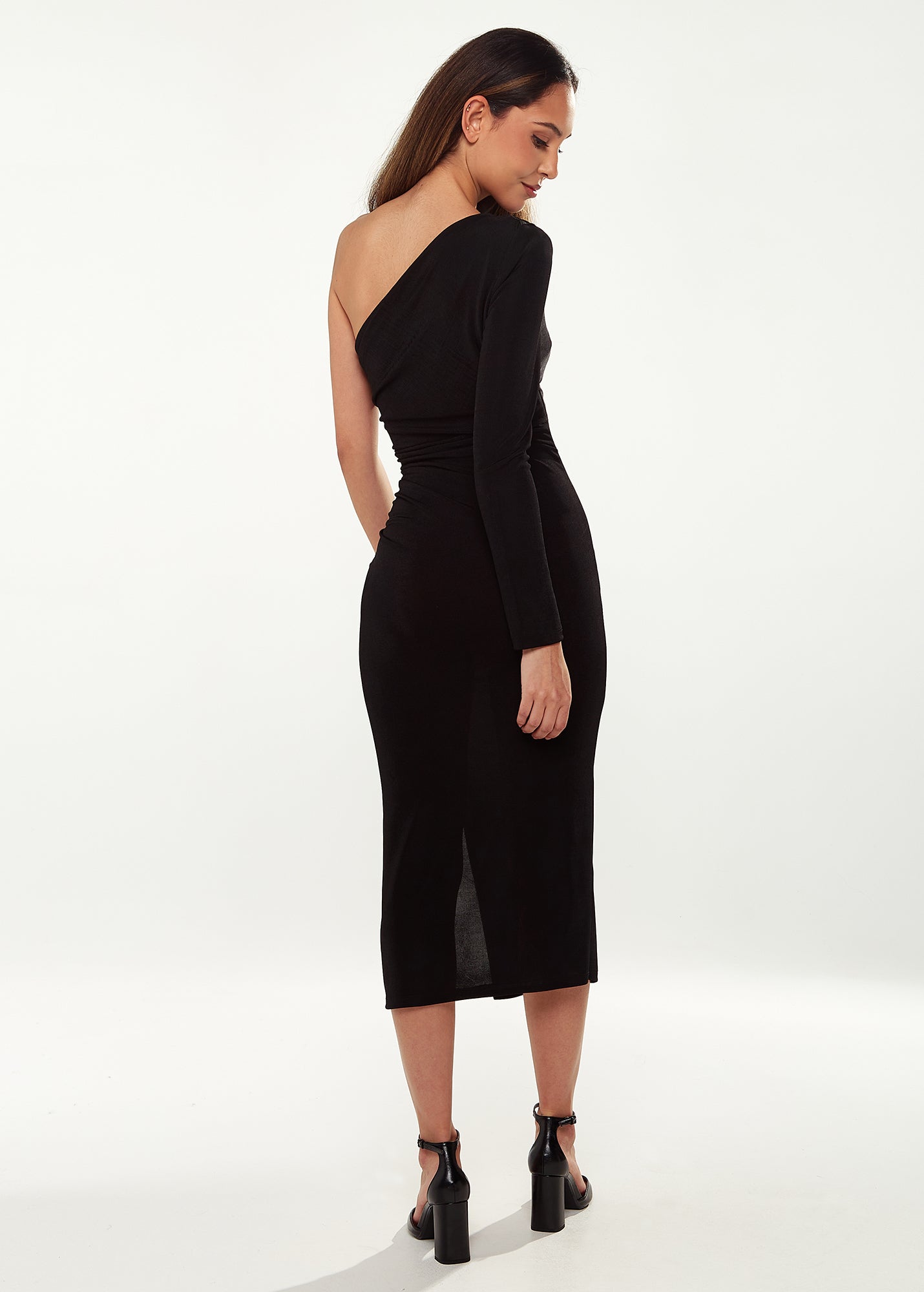 Women's Midi Dress in Black with One Long Sleeve - Asymmetric Style by Liquorish