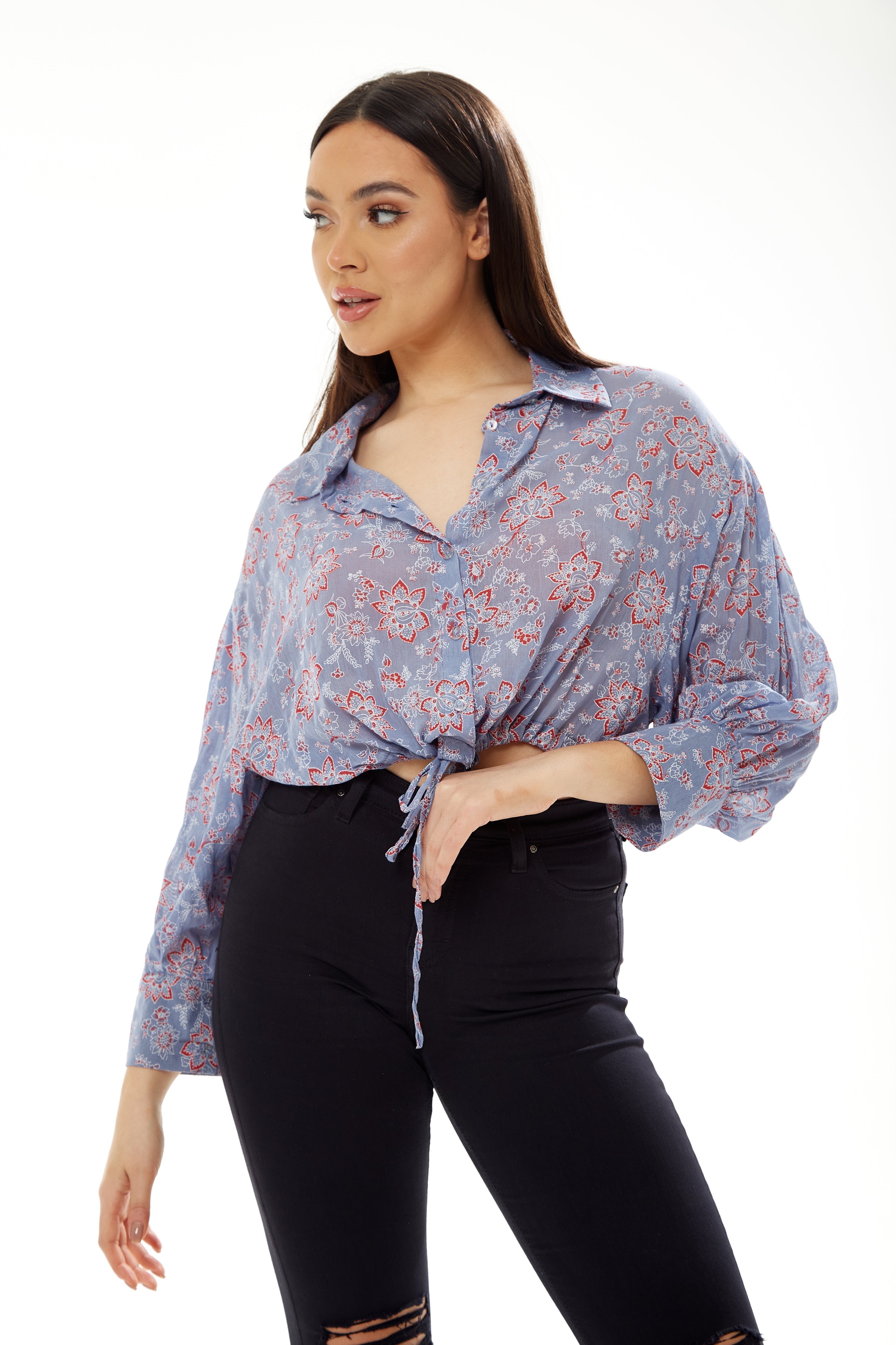 Women's Floral Print Crop Shirt in Lilac - Long Sleeves, Cropped Style, Tie Waist, Perfect for a Stylish Look.