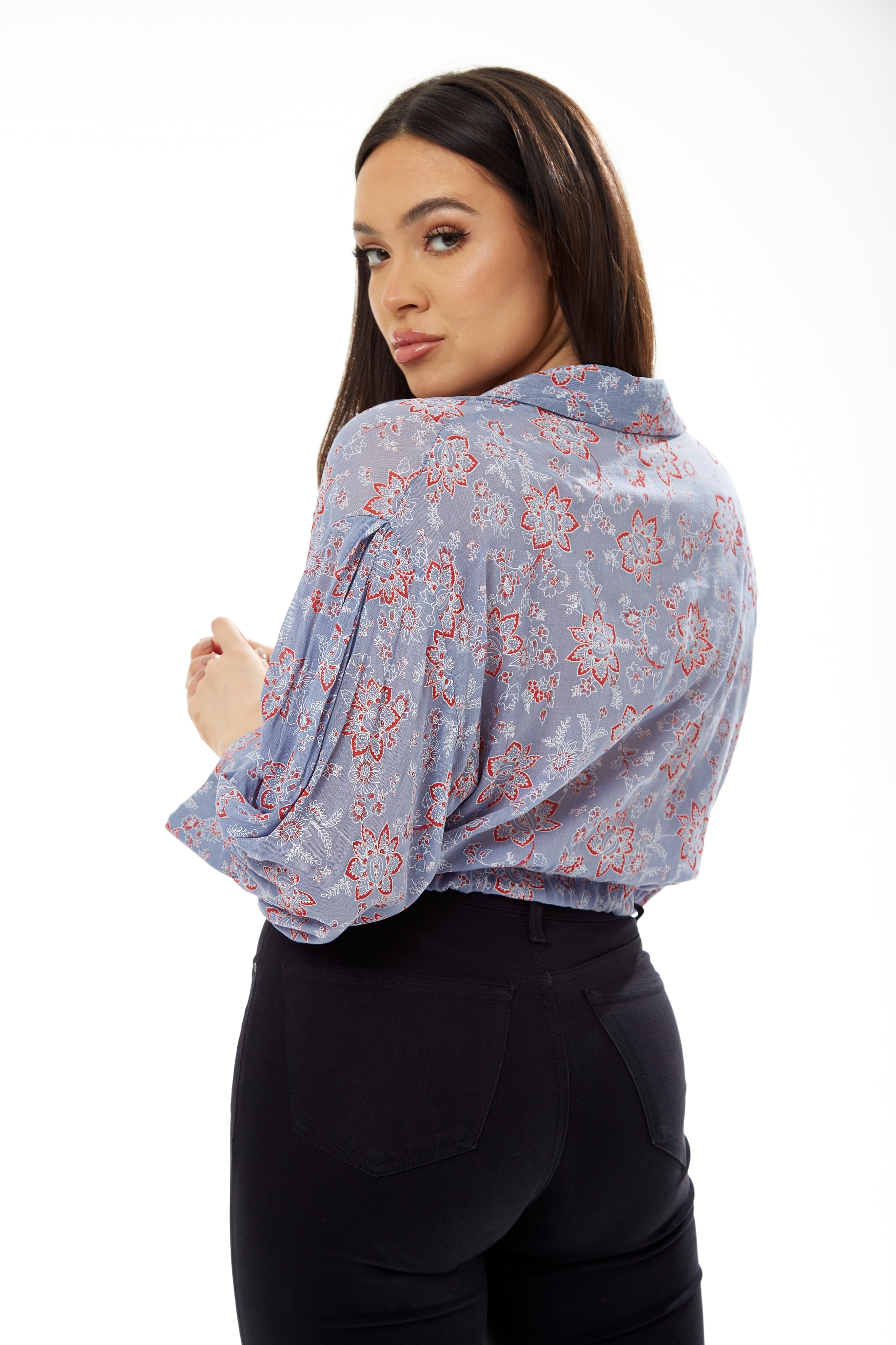 Women's Floral Print Crop Shirt in Lilac - Long Sleeves, Cropped Style, Tie Waist, Perfect for a Stylish Look.