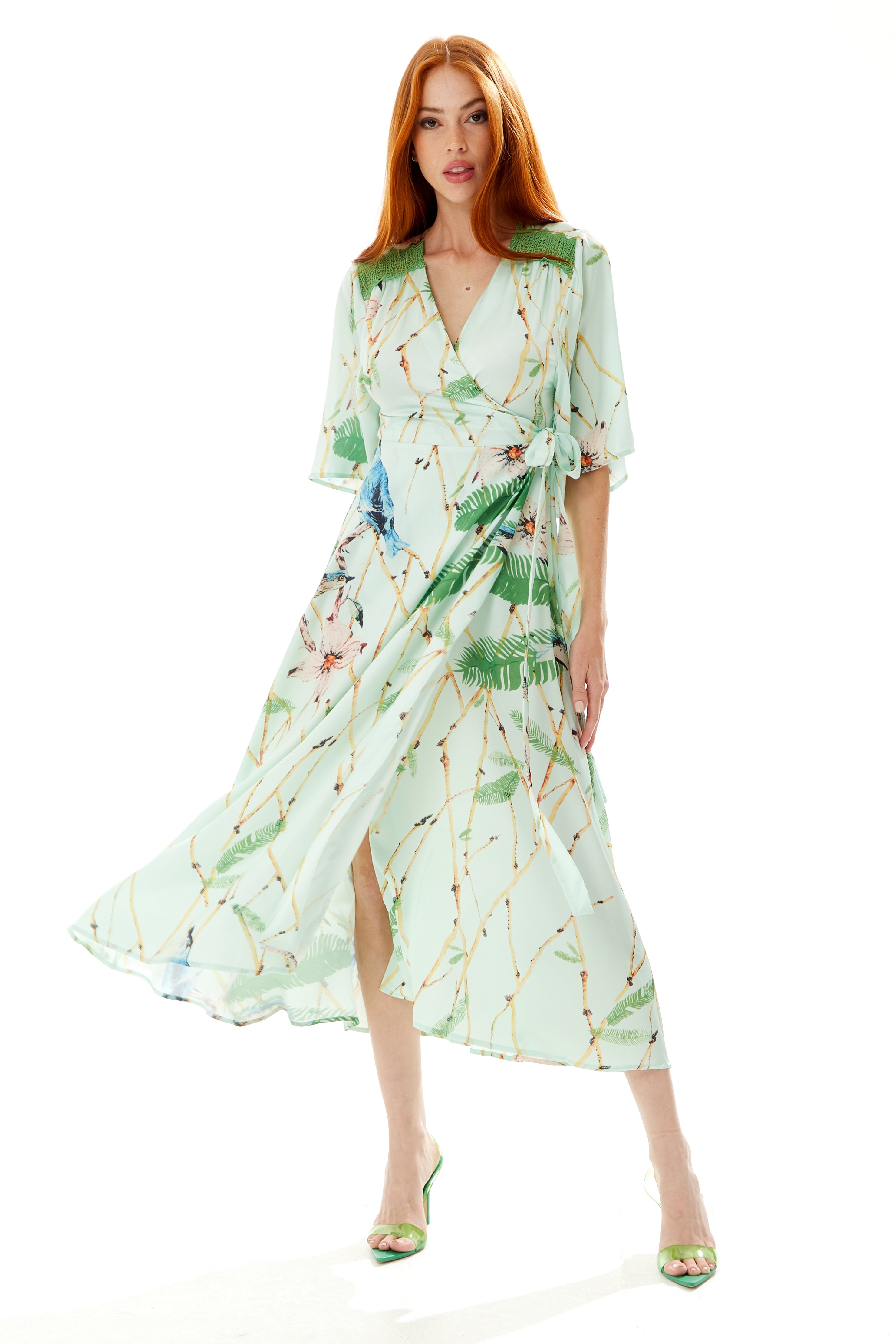 Women's Maxi Dress in Mint Green with V-Neck, Tie Waist, Kimono Sleeves and Green Lace Details - Liquorish