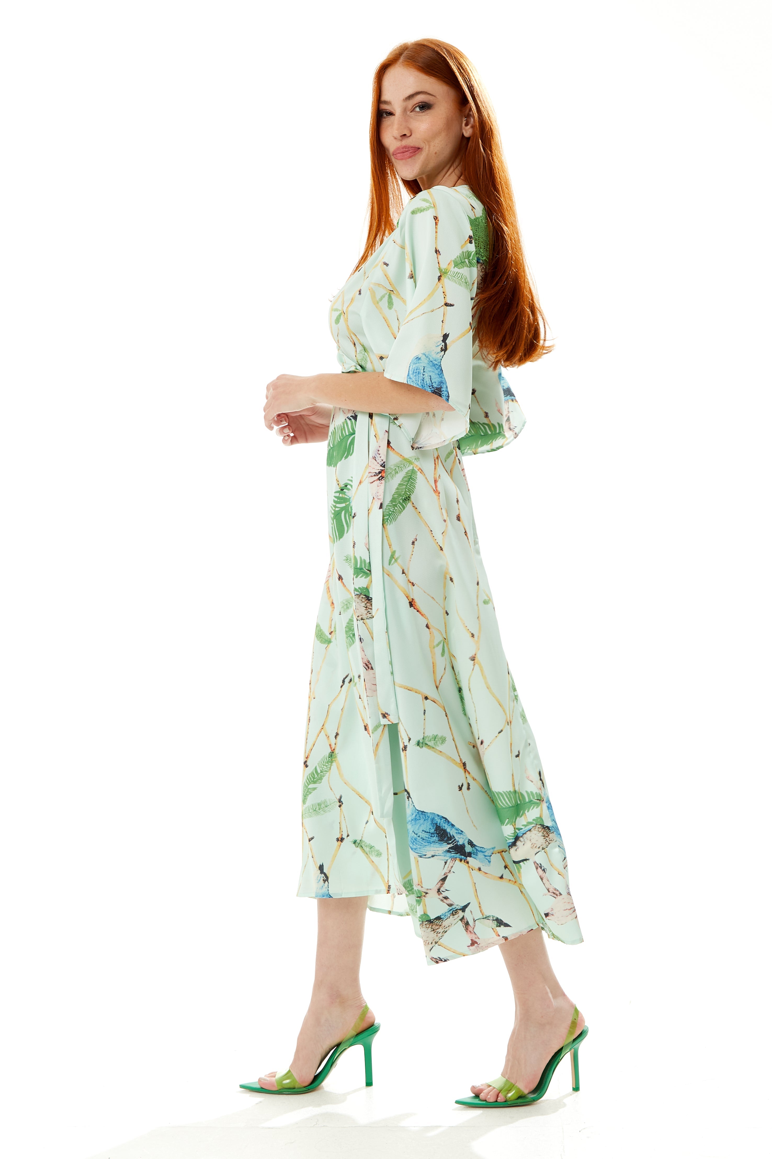 Women's Maxi Dress in Mint Green with V-Neck, Tie Waist, Kimono Sleeves and Green Lace Details - Liquorish