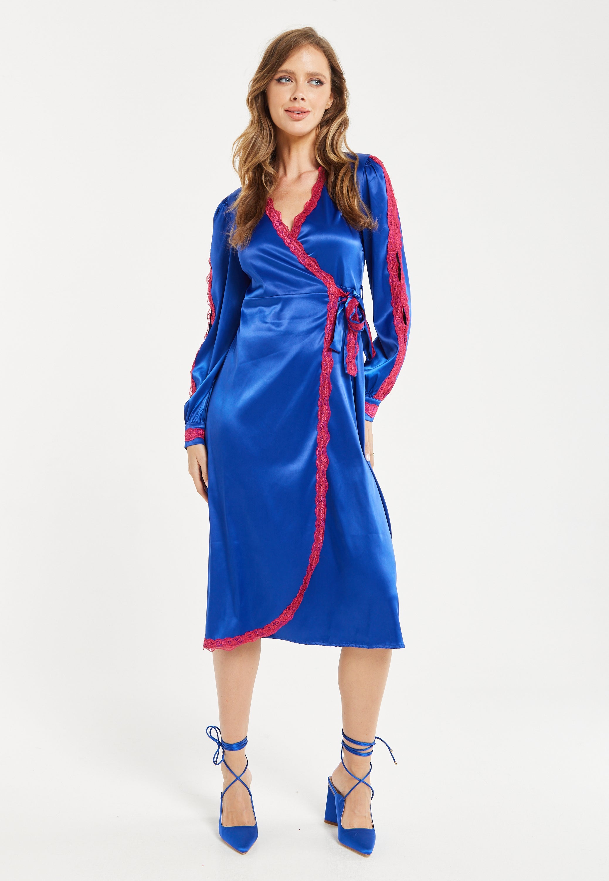 Women's Midi Dress with Long Sleeves in Royal Blue Satin - Elegant Wrap Style by Liquorish