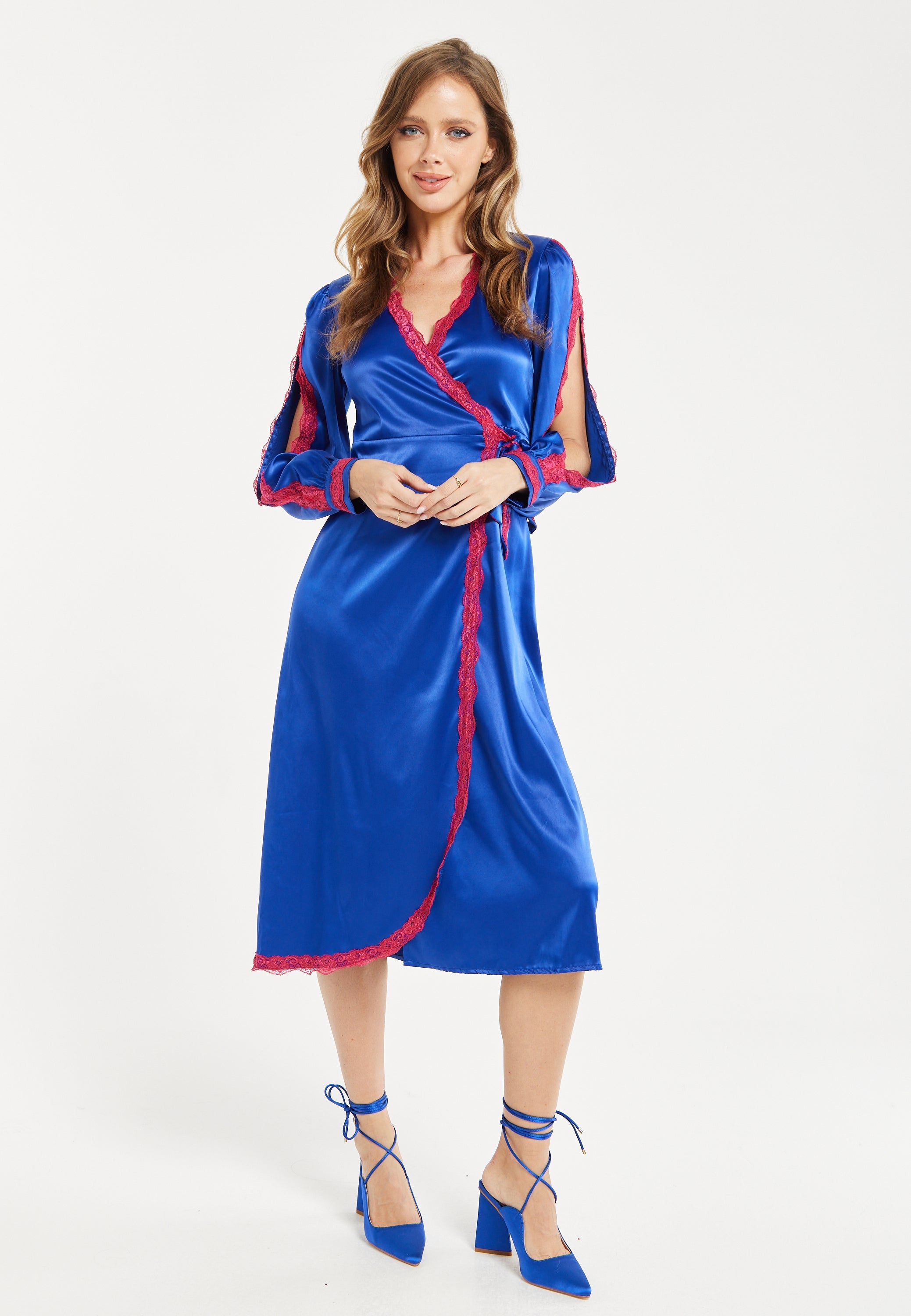 Women's Midi Dress with Long Sleeves in Royal Blue Satin - Elegant Wrap Style by Liquorish