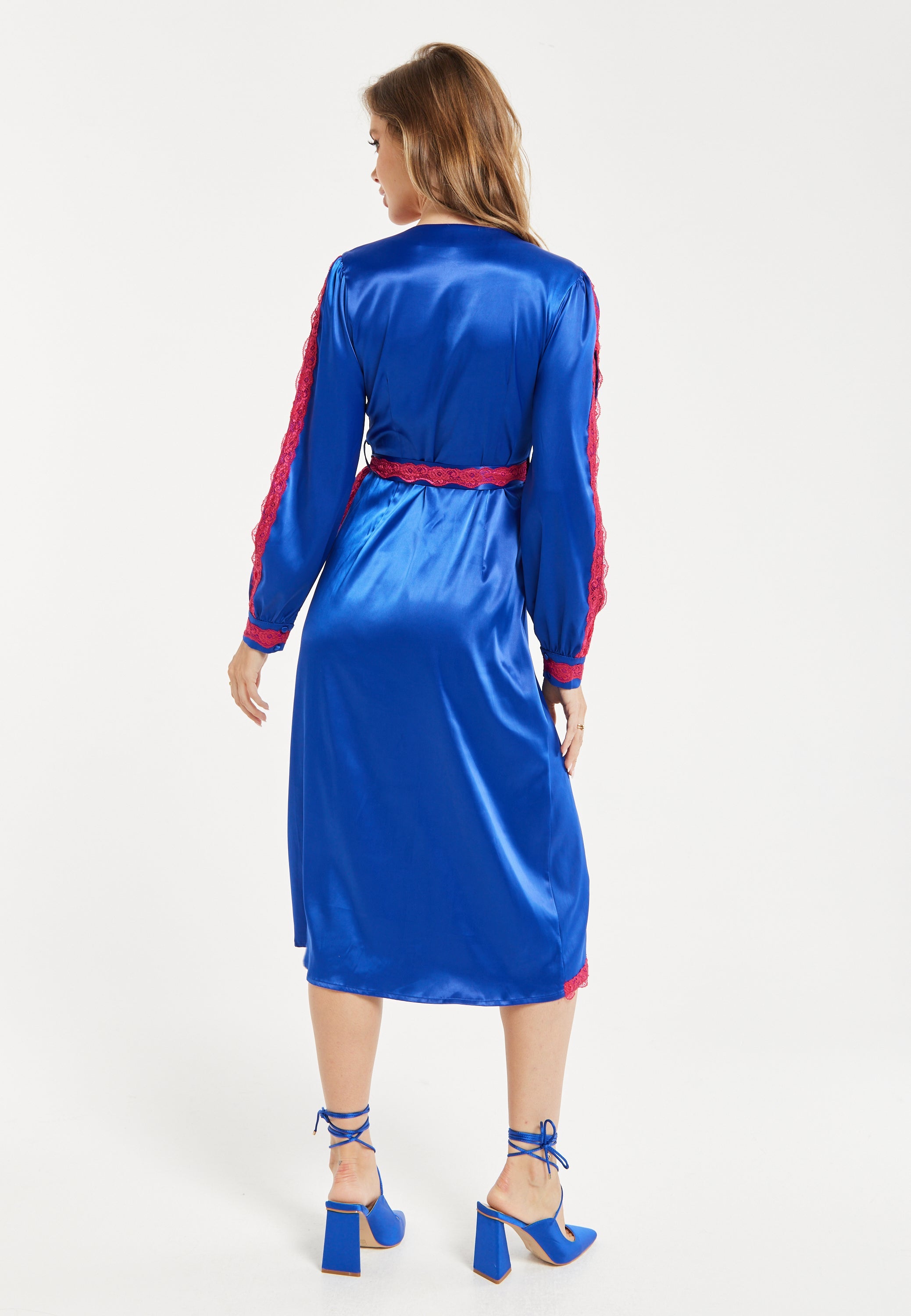 Women's Midi Dress with Long Sleeves in Royal Blue Satin - Elegant Wrap Style by Liquorish