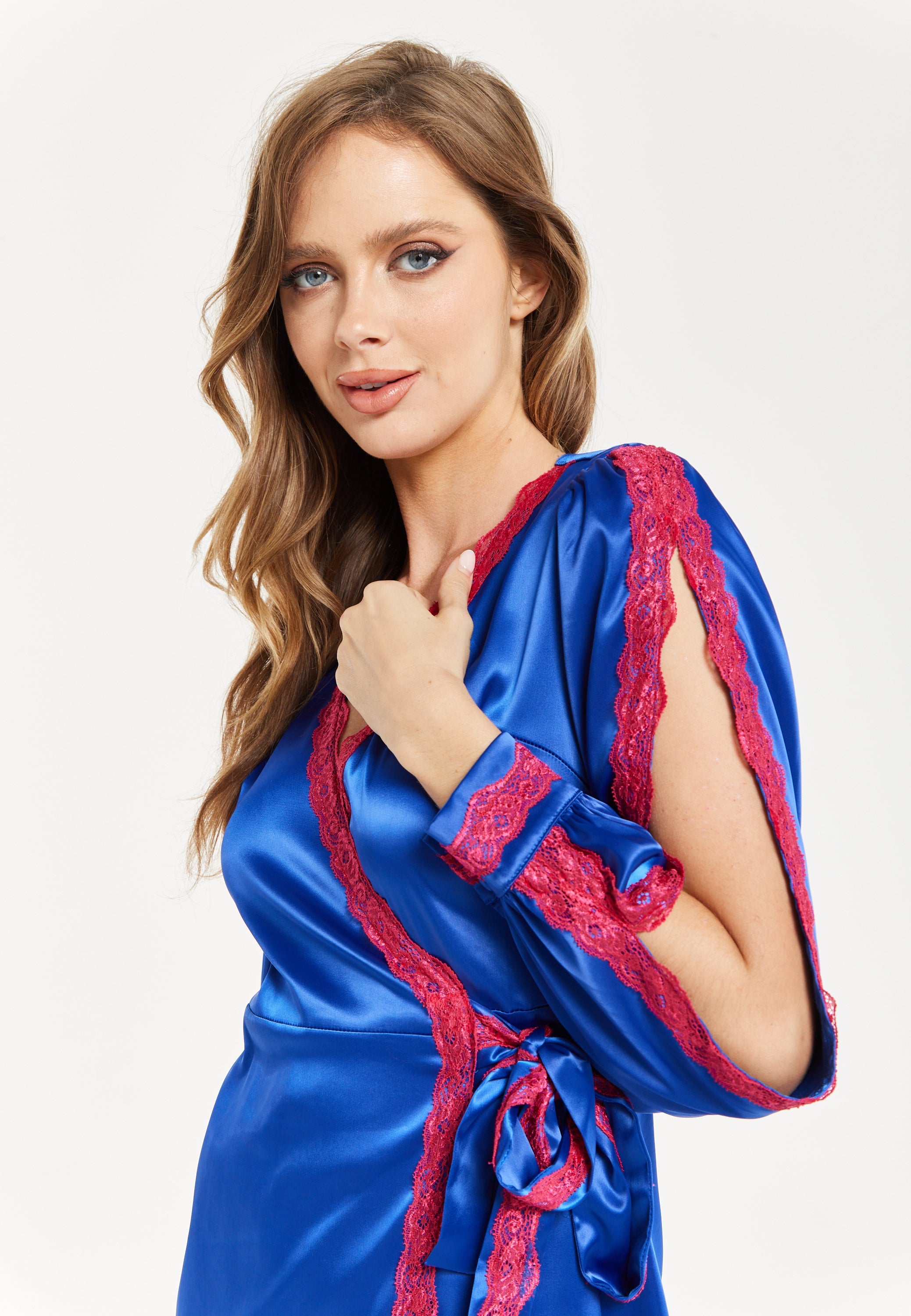 Women's Midi Dress with Long Sleeves in Royal Blue Satin - Elegant Wrap Style by Liquorish