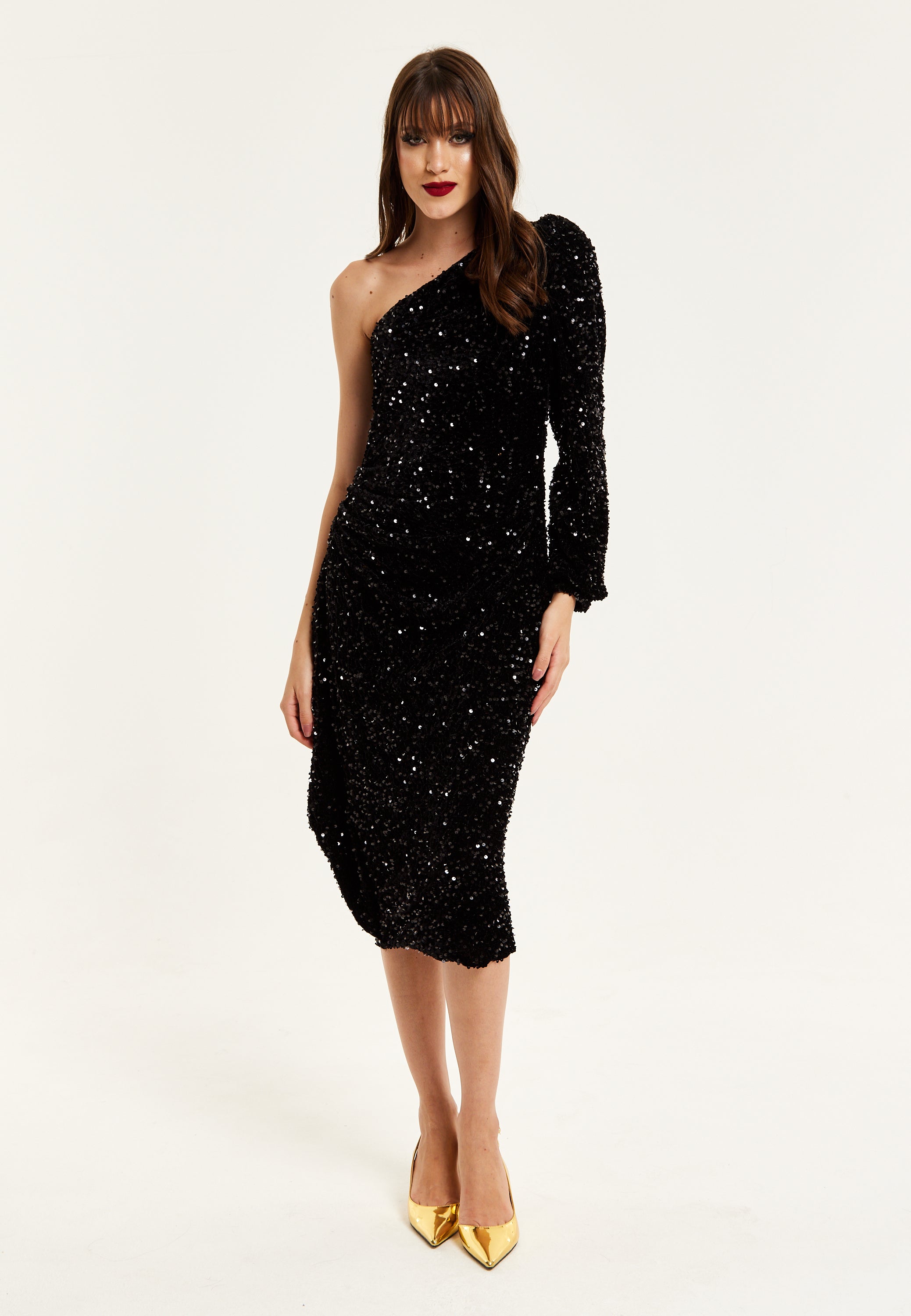 Women's Midi Dress with One Shoulder and Zip-Side in Black Sequin Velvet - Perfect for Any Occasion by Liquorish