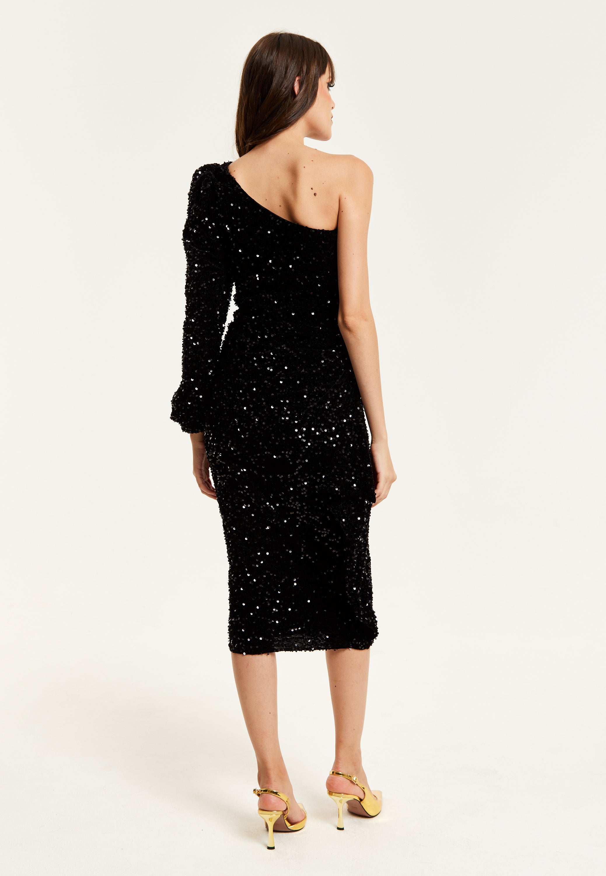 Women's Midi Dress with One Shoulder and Zip-Side in Black Sequin Velvet - Perfect for Any Occasion by Liquorish