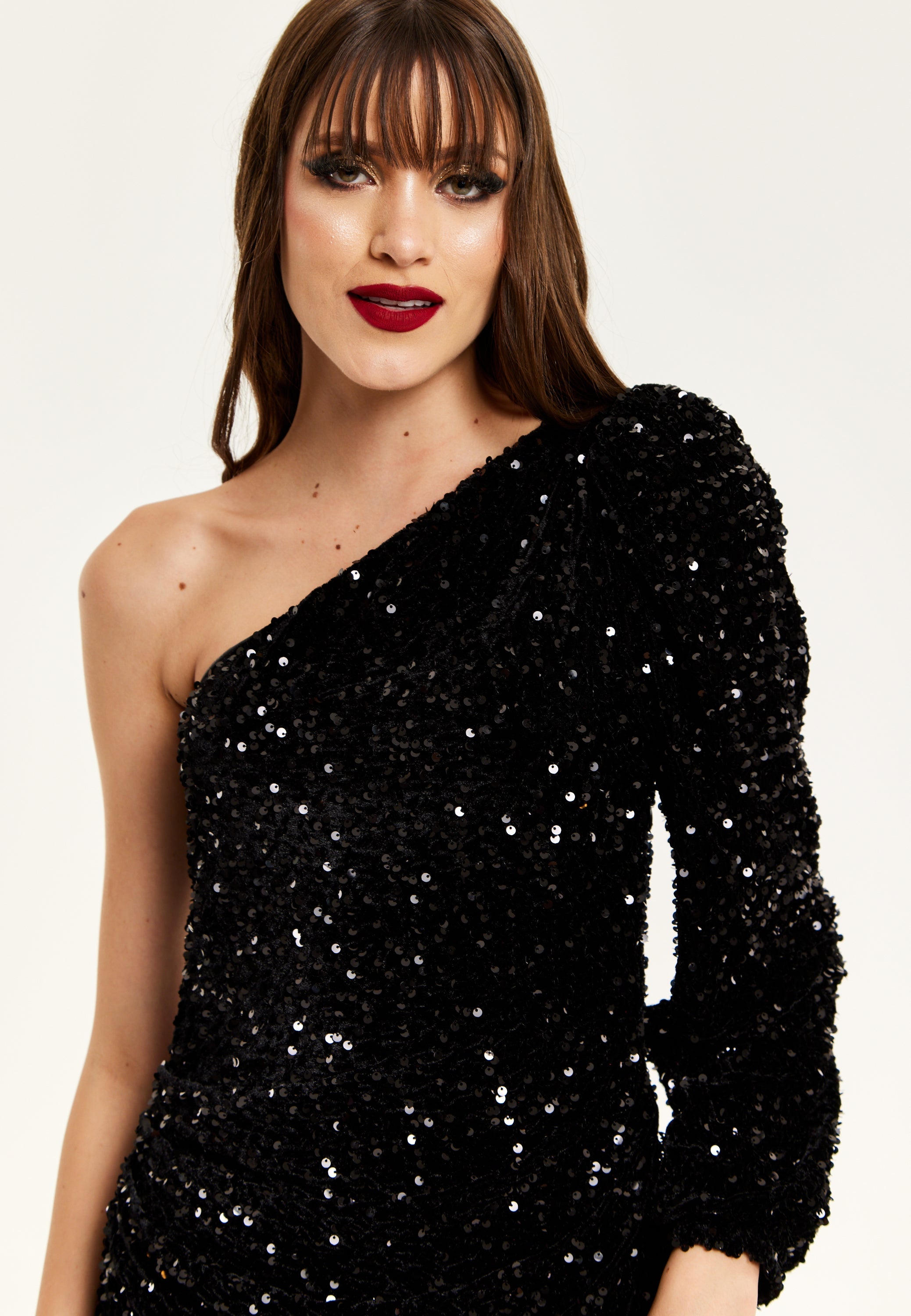 Women's Midi Dress with One Shoulder and Zip-Side in Black Sequin Velvet - Perfect for Any Occasion by Liquorish