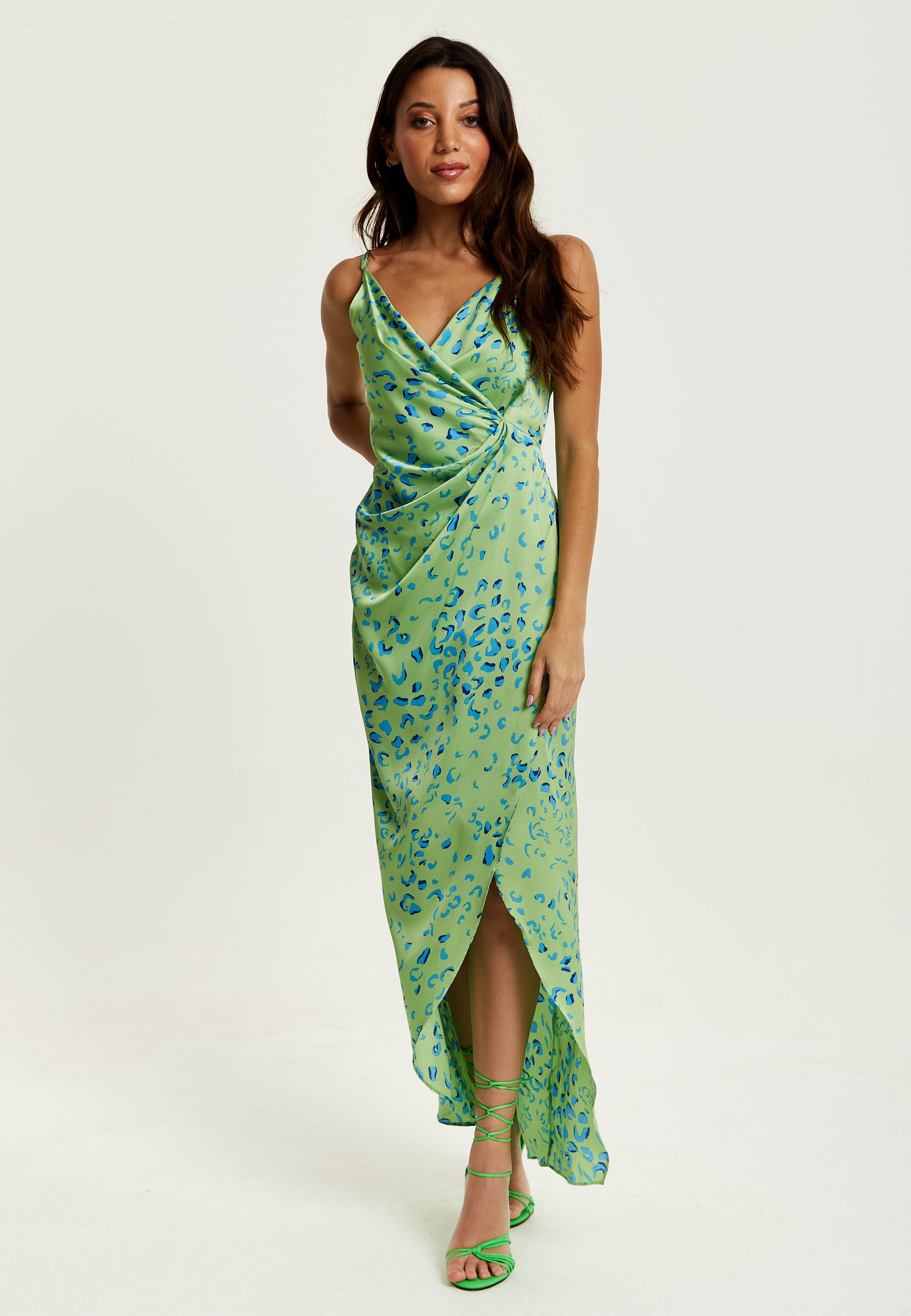 Women's Maxi Dress with Sleeveless Design in Mint and Blue Animal Print - Liquorish