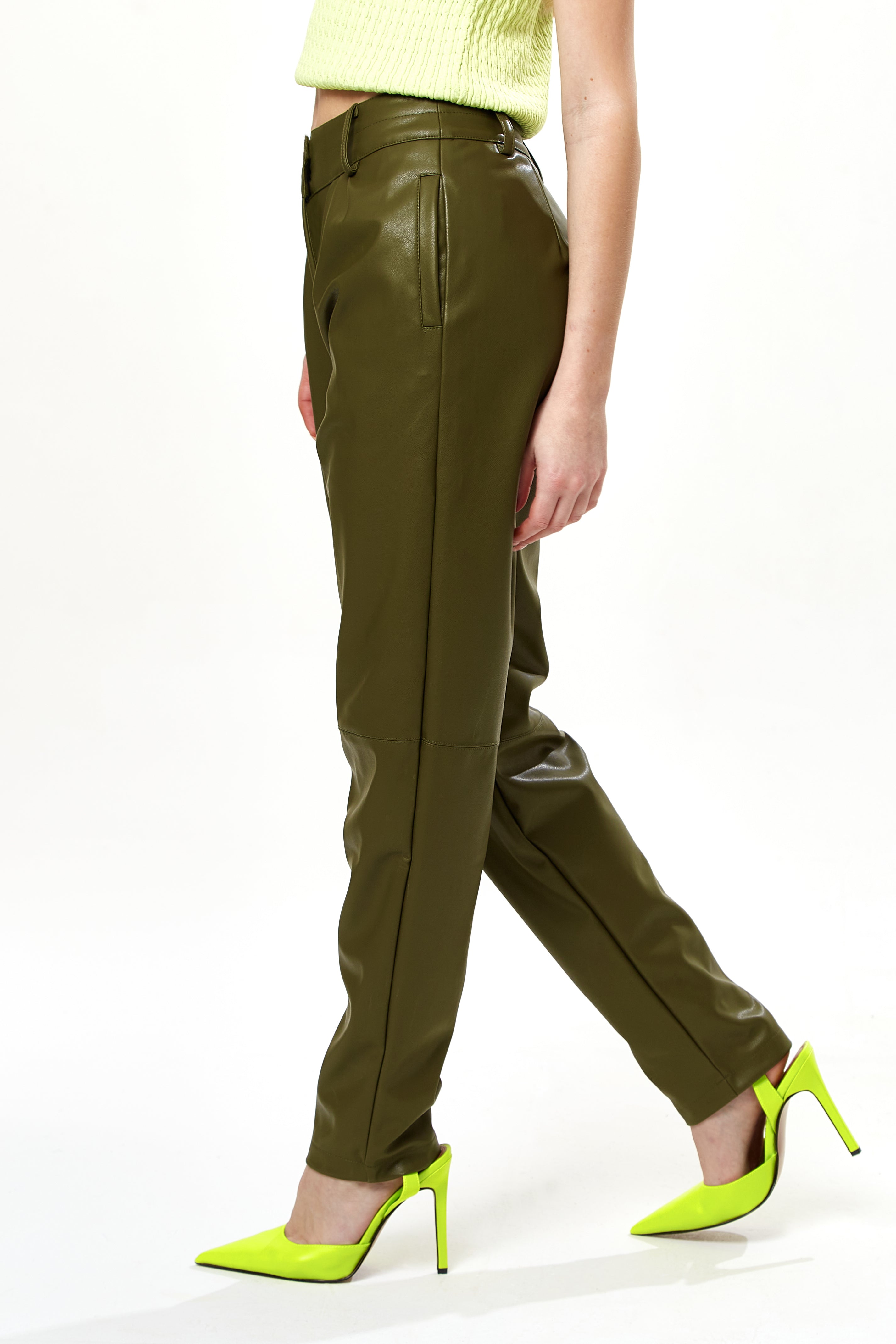 Women’s Khaki Tapered Faux Leather Trousers with Pleats and Side Pockets - Liquorish