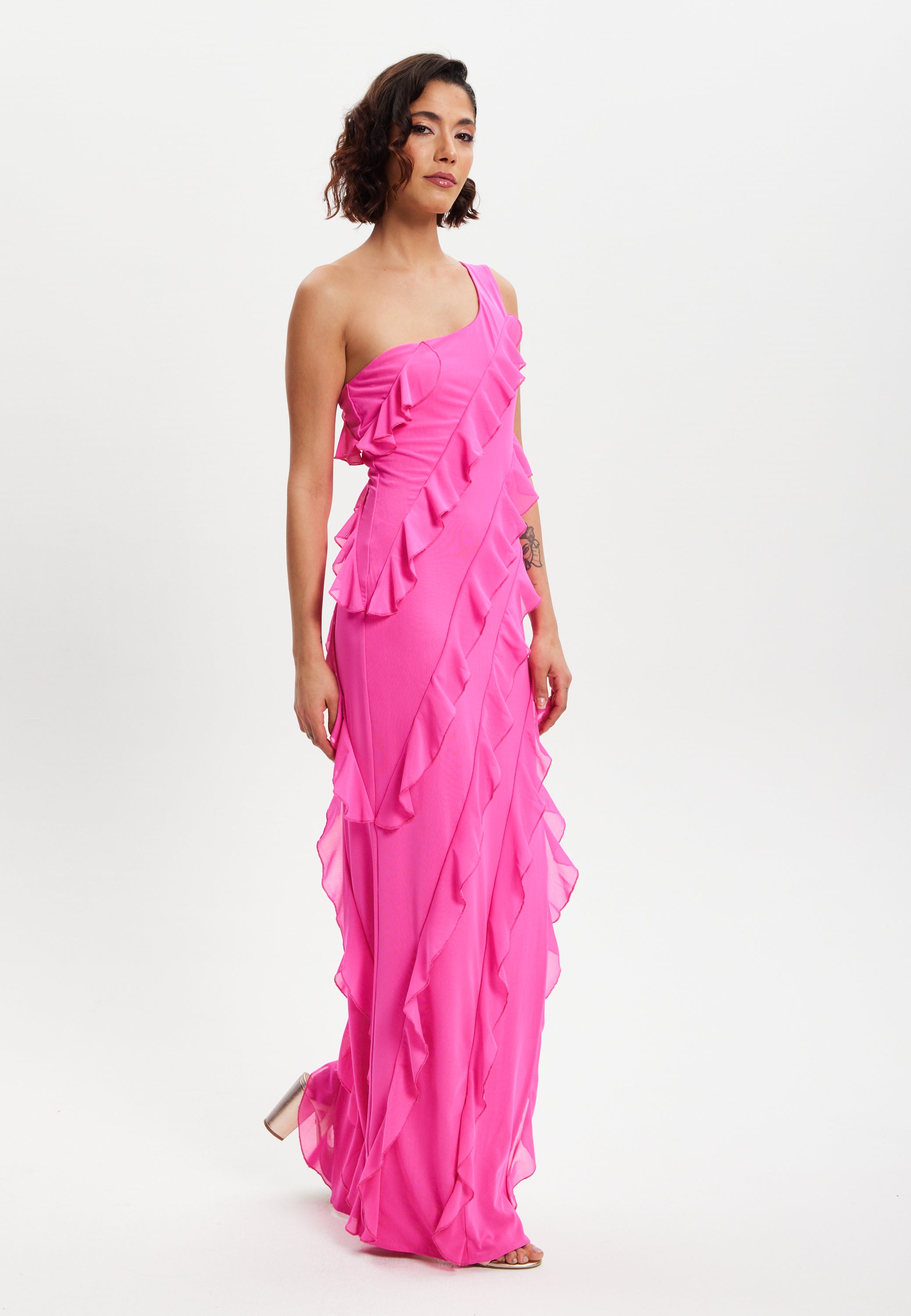 Women's Maxi Dress with One Shoulder Design and Diagonal Ruffle Detail in Pink - Liquorish