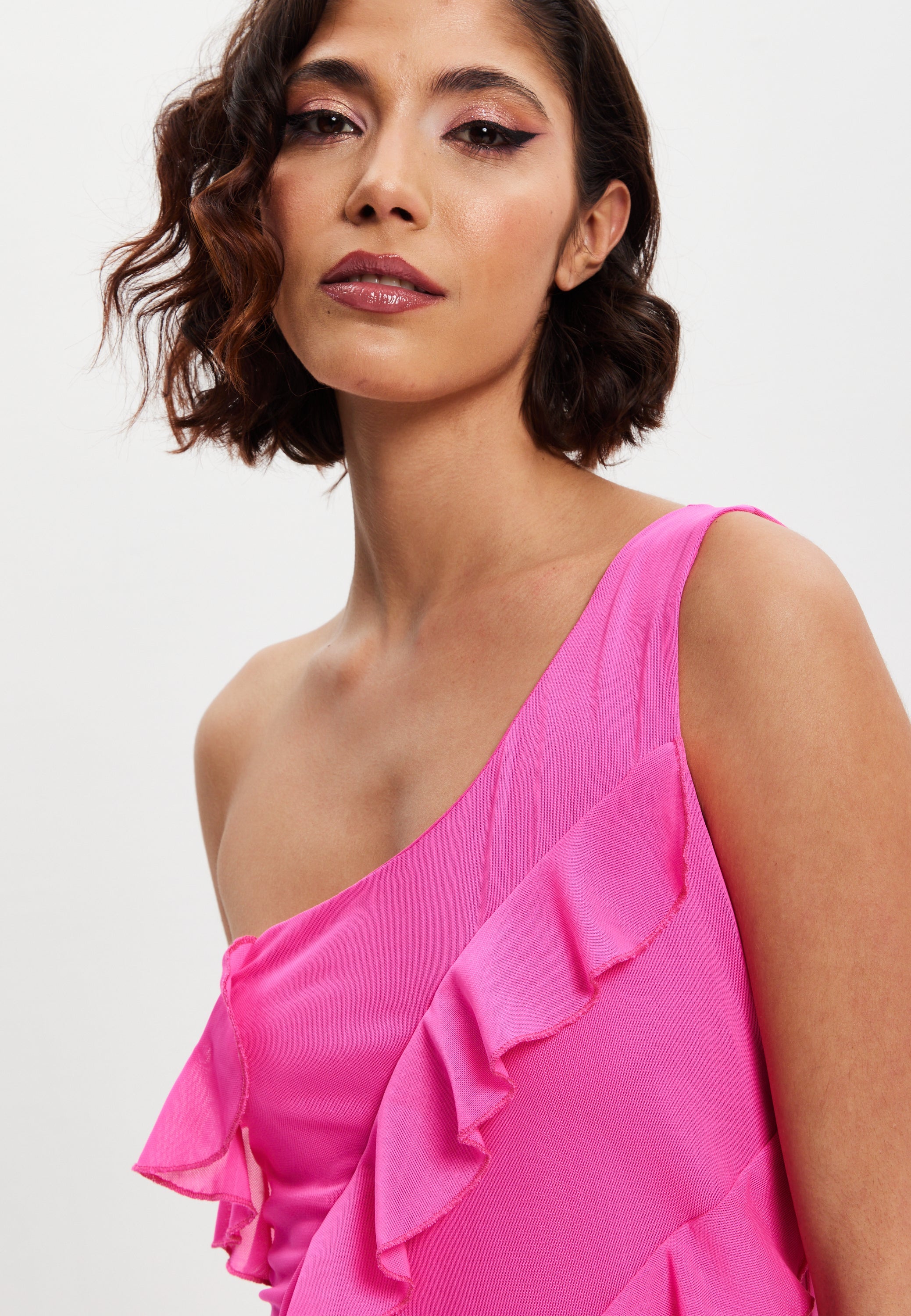 Women's Maxi Dress with One Shoulder Design and Diagonal Ruffle Detail in Pink - Liquorish