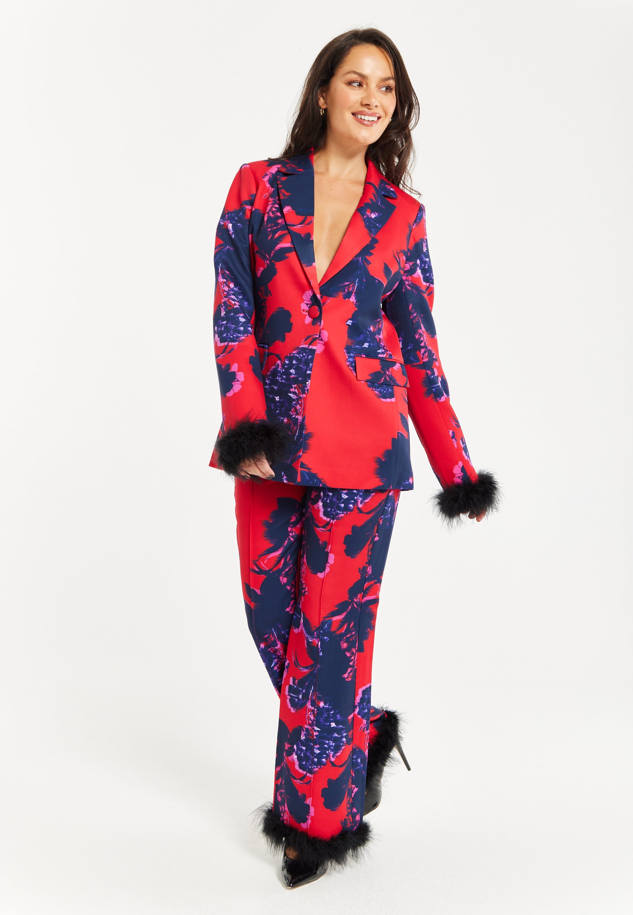 Women's Floral Print Blazer with Faux-Fur Cuffs and Fluffy Trim - Regular Fit by Liquorish