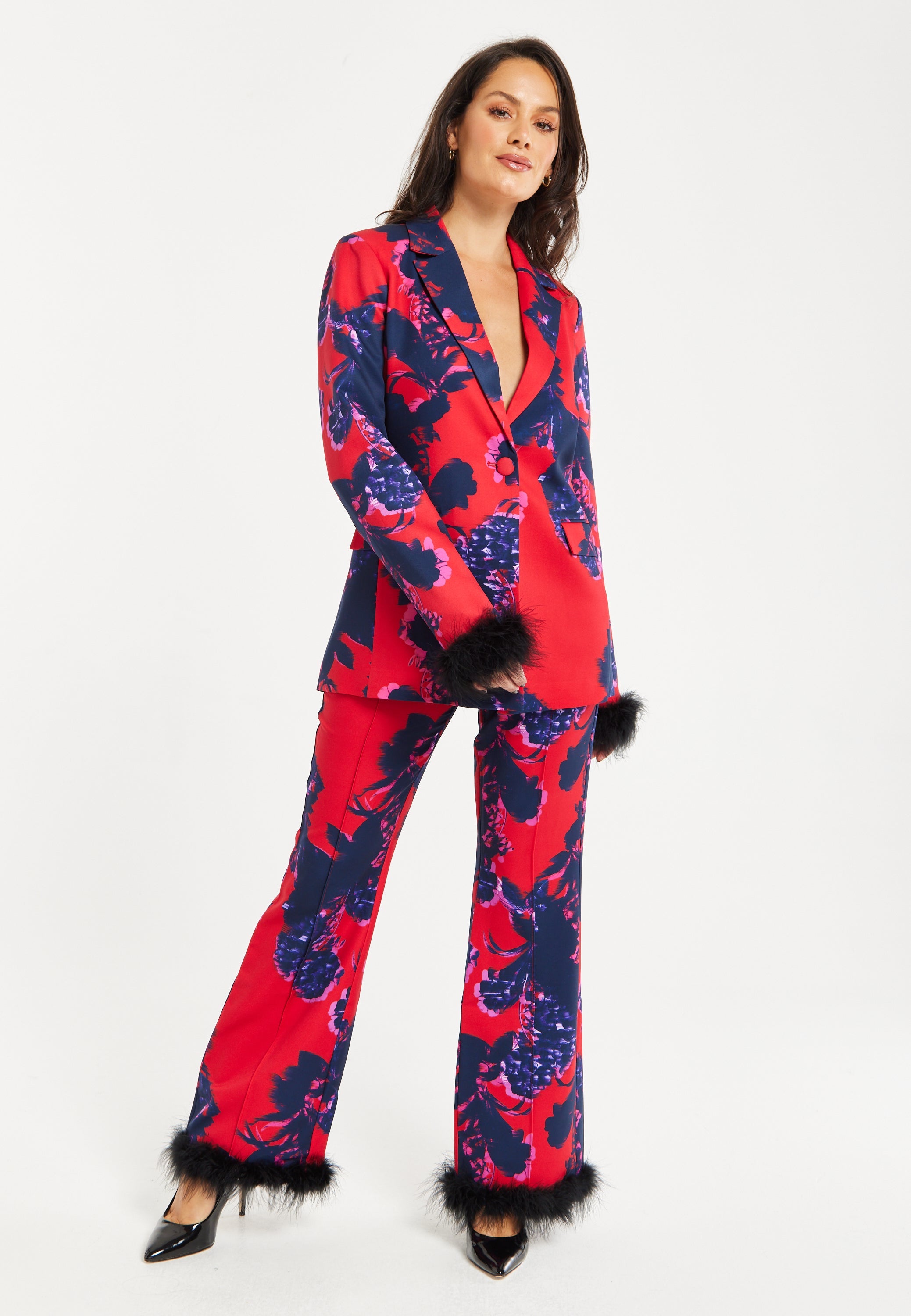 Women's Floral Print Blazer with Faux-Fur Cuffs and Fluffy Trim - Regular Fit by Liquorish