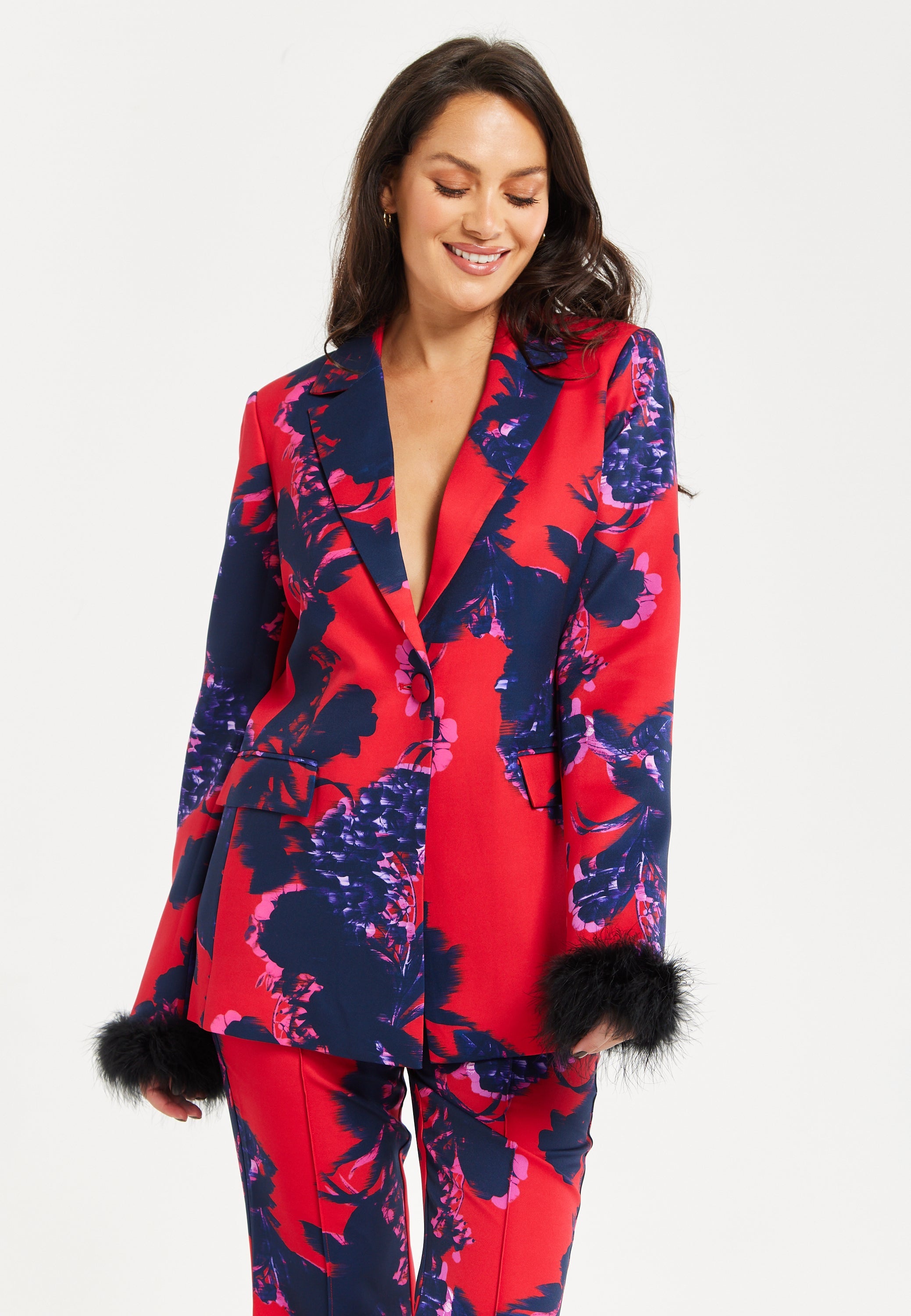 Women's Floral Print Blazer with Faux-Fur Cuffs and Fluffy Trim - Regular Fit by Liquorish