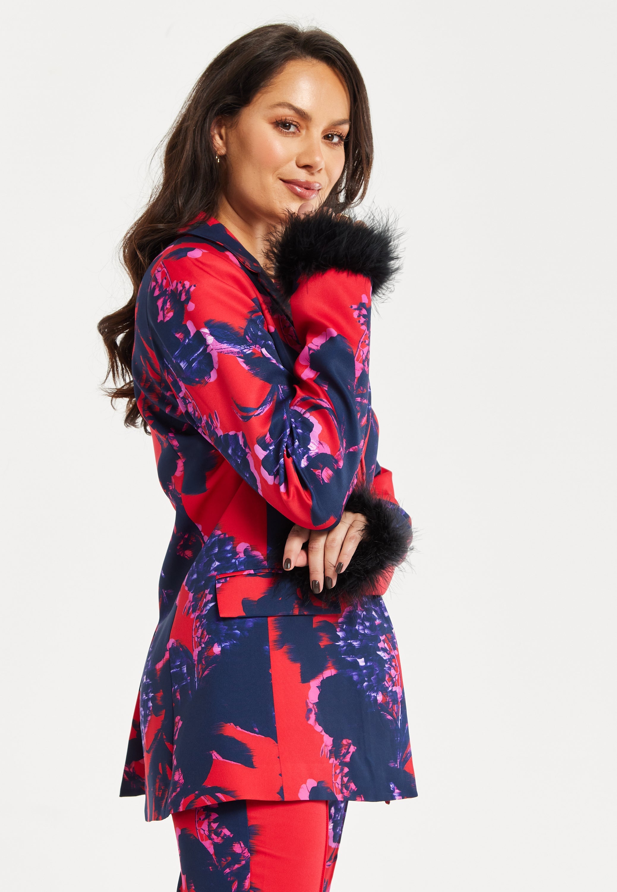 Women's Floral Print Blazer with Faux-Fur Cuffs and Fluffy Trim - Regular Fit by Liquorish